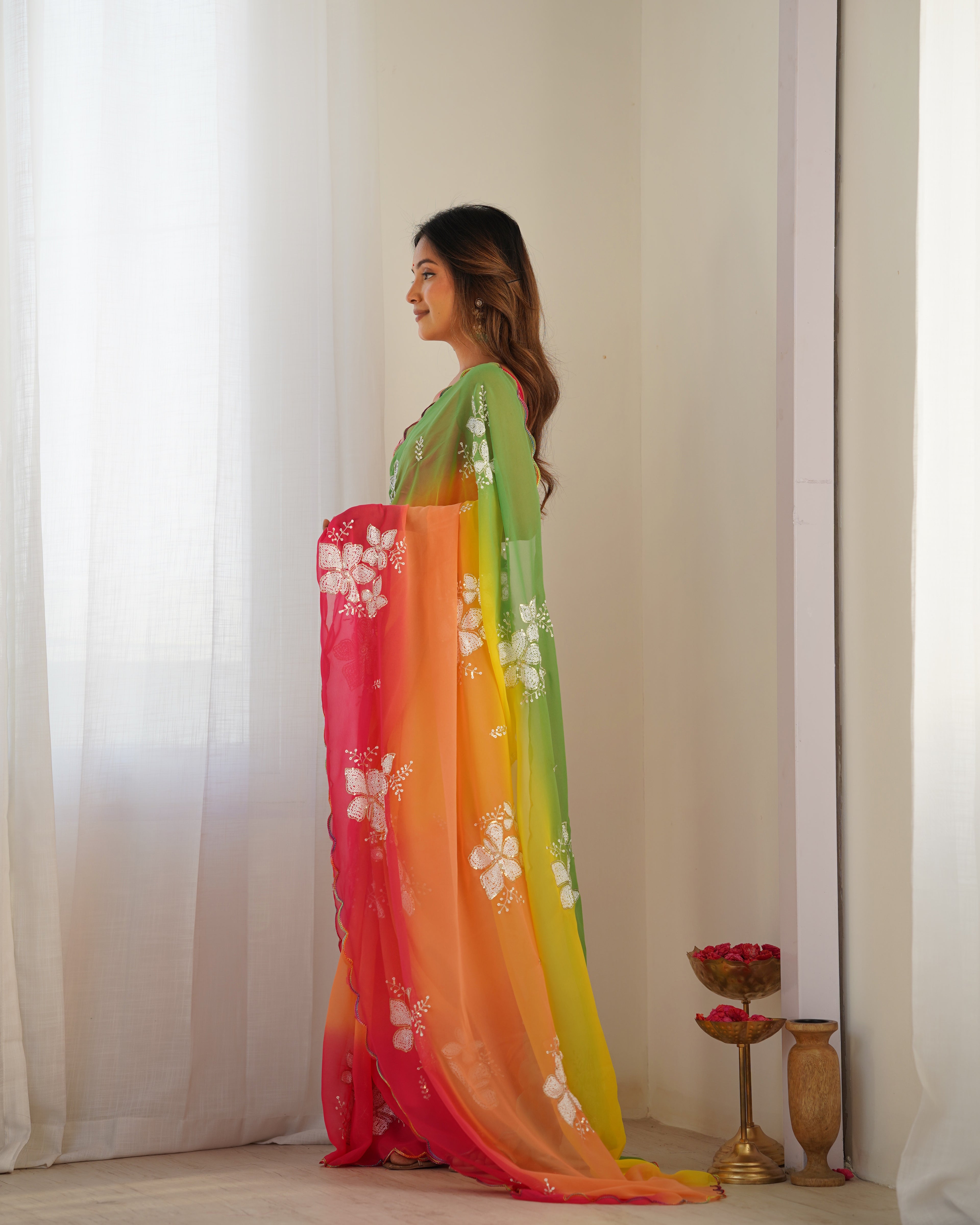 Yellow & Pink Georgette Party Wear Saree | Dual Shaded with Designer Sequin Embroidery Couture