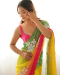 Yellow & Pink Georgette Party Wear Saree | Dual Shaded with Designer Sequin Embroidery Couture