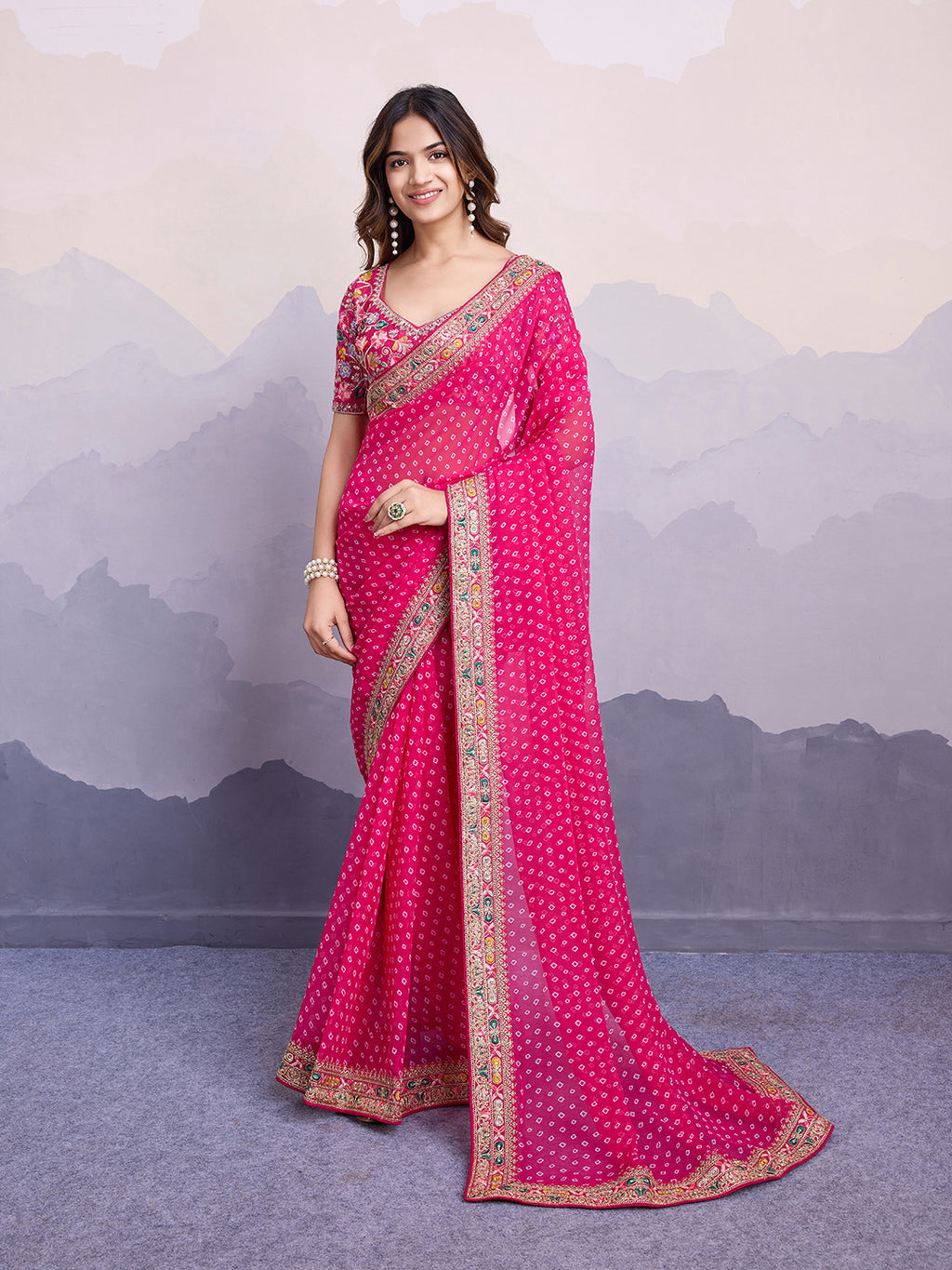 Pink Georgette Bandhani Print Saree | Art Silk Blouse with Embroidered Lace Border