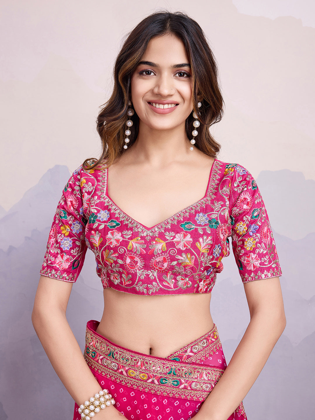 Pink Georgette Bandhani Print Saree | Art Silk Blouse with Embroidered Lace Border