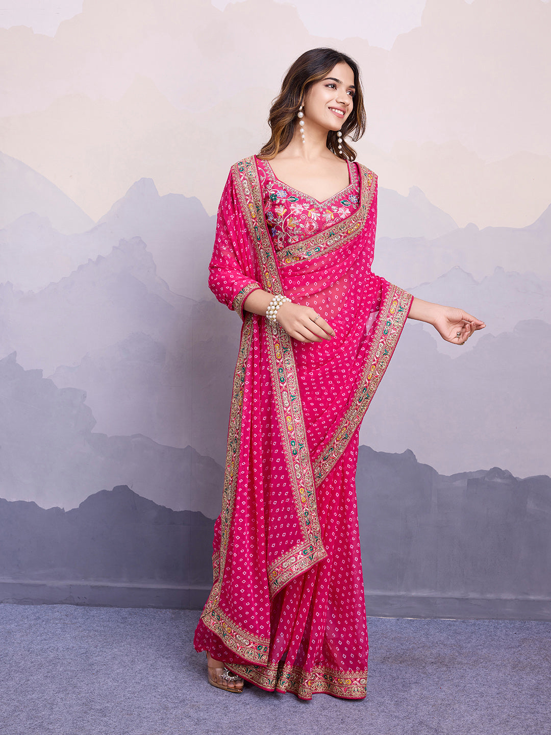 Pink Georgette Bandhani Print Saree | Art Silk Blouse with Embroidered Lace Border