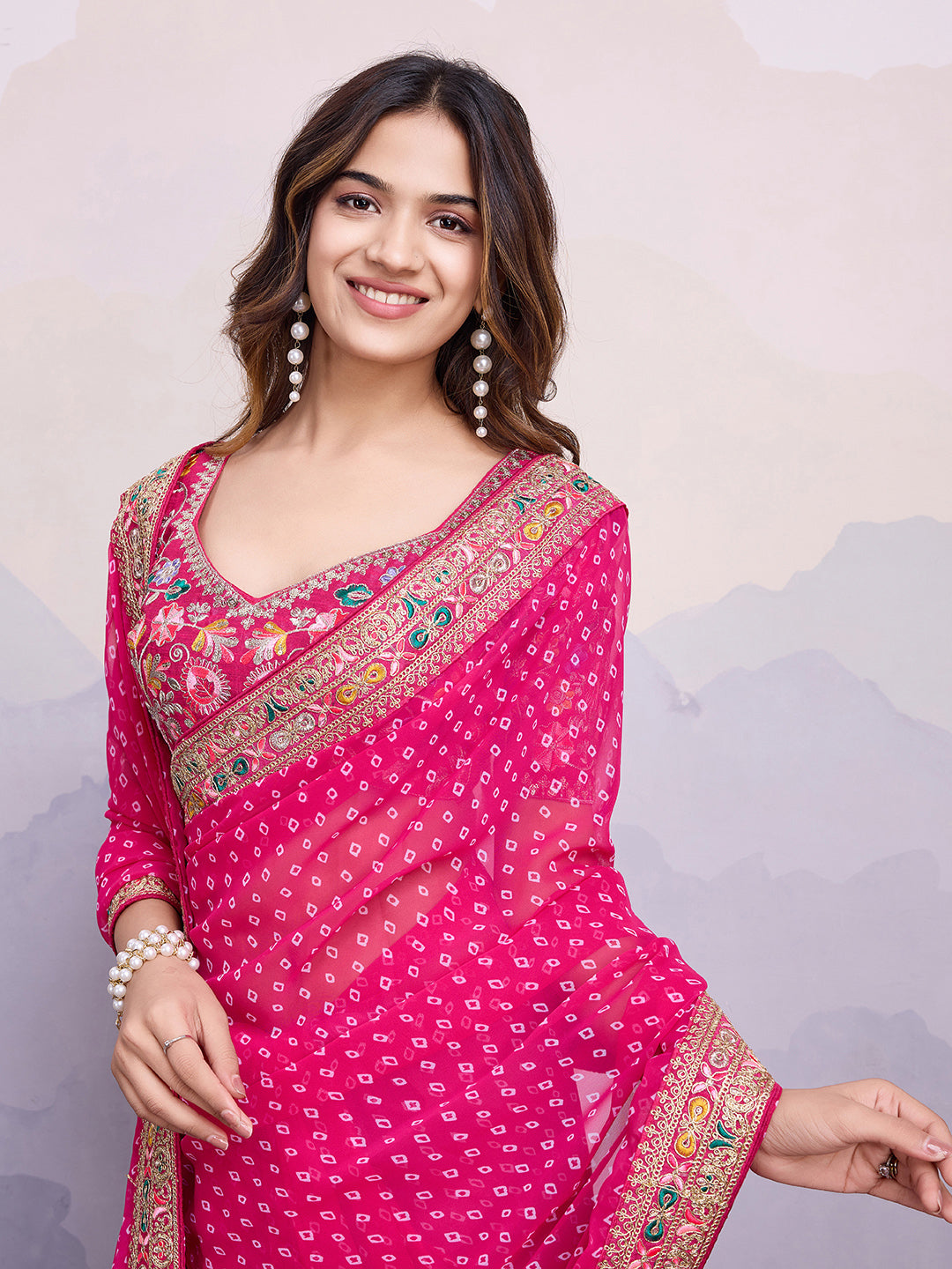 Pink Georgette Bandhani Print Saree | Art Silk Blouse with Embroidered Lace Border