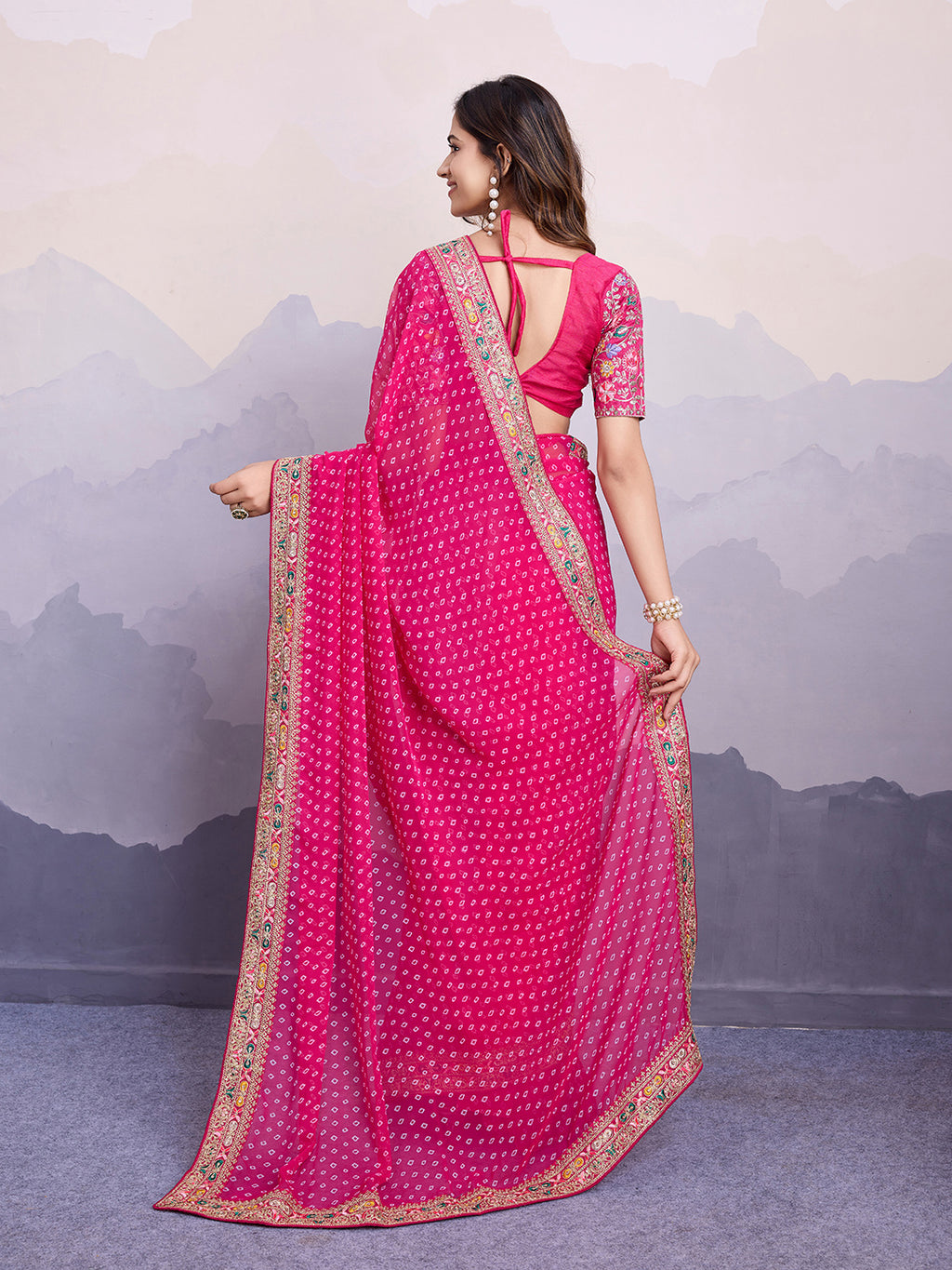 Pink Georgette Bandhani Print Saree | Art Silk Blouse with Embroidered Lace Border
