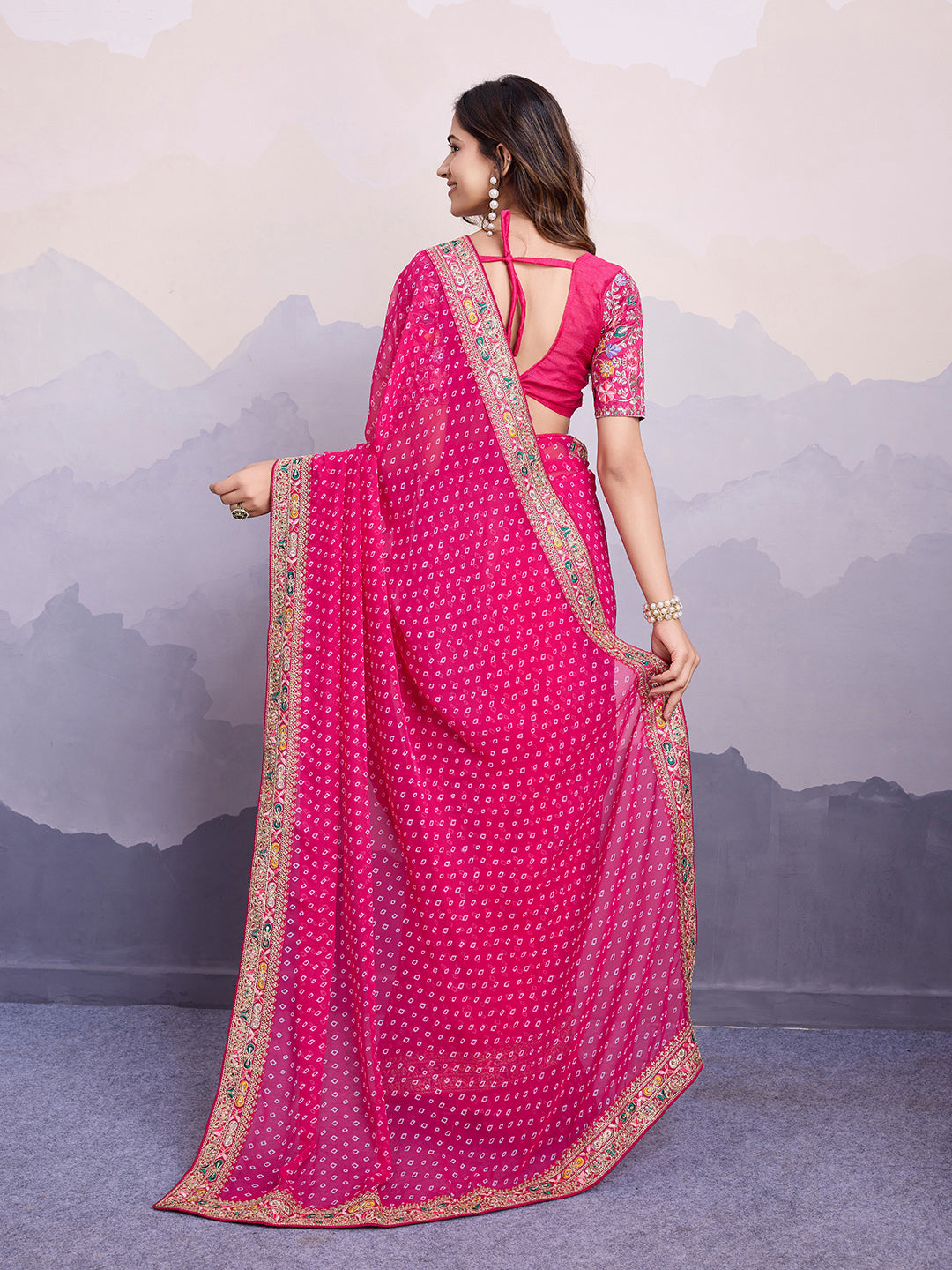 Pink Georgette Bandhani Print Saree | Art Silk Blouse with Embroidered Lace Border
