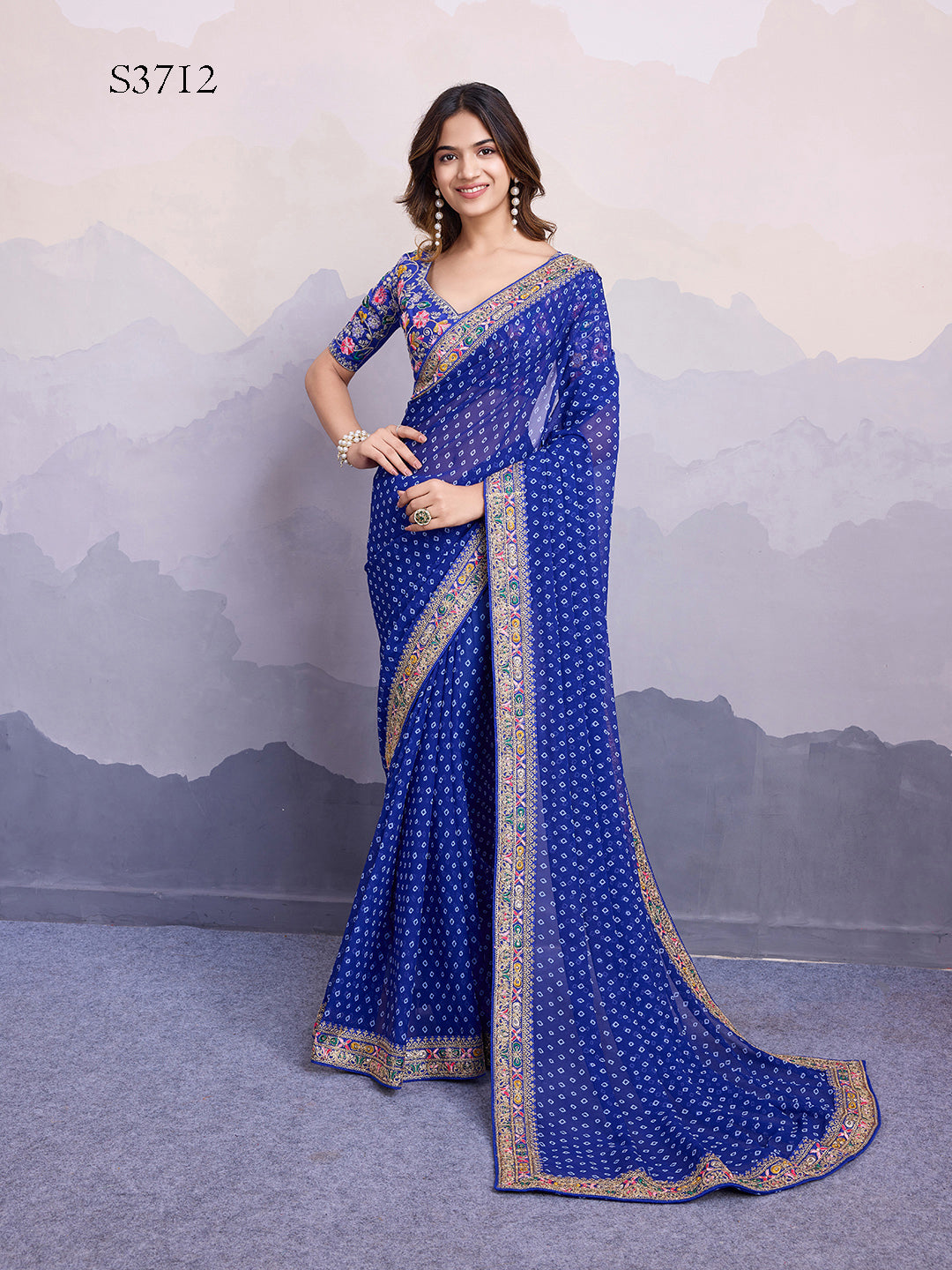 Blue Georgette Bandhani Print Saree | Art Silk Blouse with Embroidered Lace Border