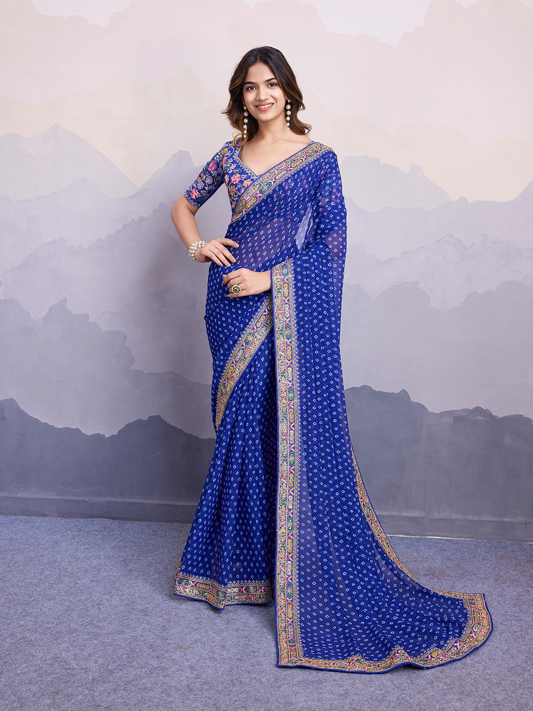 Blue Georgette Bandhani Print Saree | Art Silk Blouse with Embroidered Lace Border