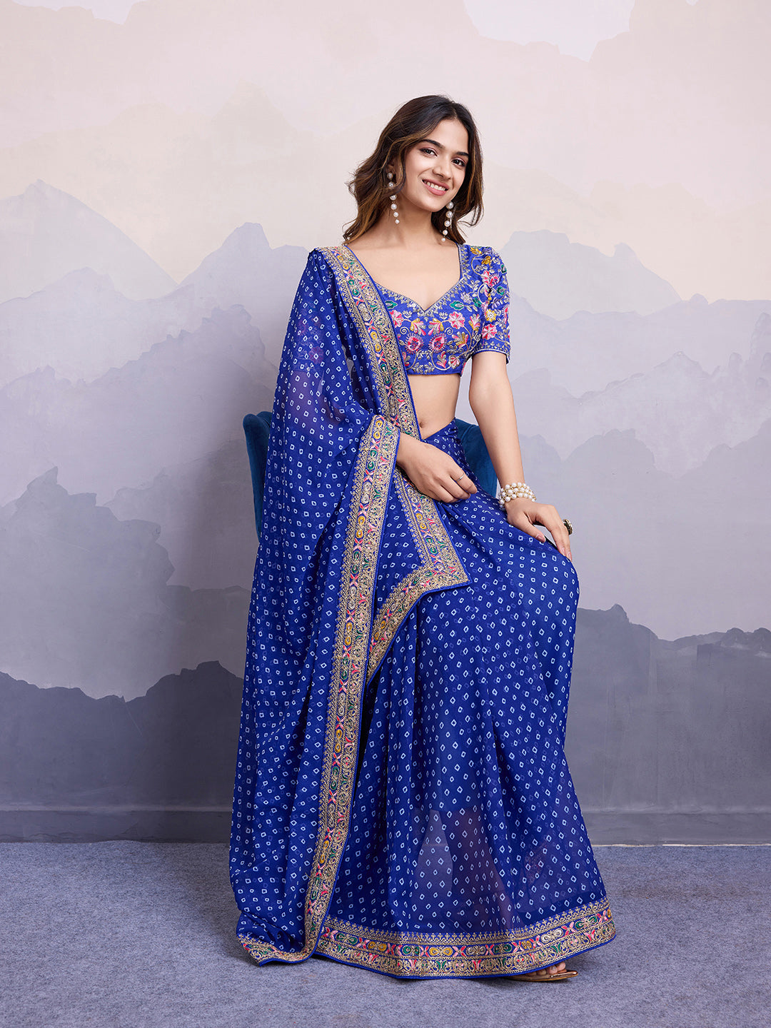 Blue Georgette Bandhani Print Saree | Art Silk Blouse with Embroidered Lace Border
