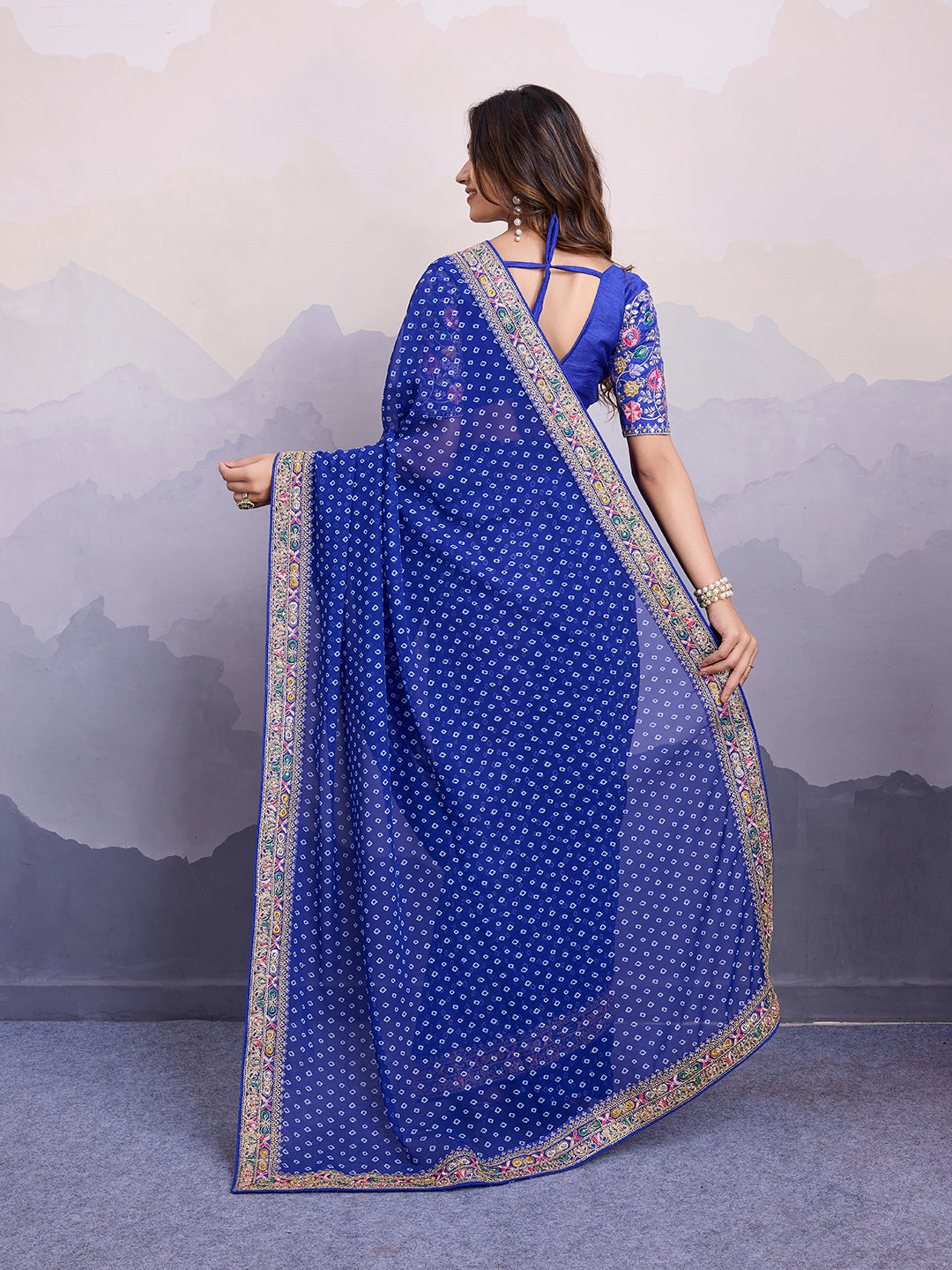 Blue Georgette Bandhani Print Saree | Art Silk Blouse with Embroidered Lace Border