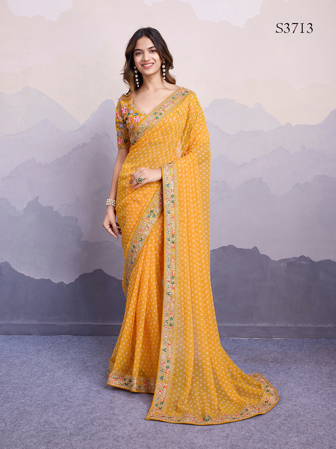 Yellow Georgette Bandhani Print Saree | Art Silk Blouse with Embroidered Lace Border