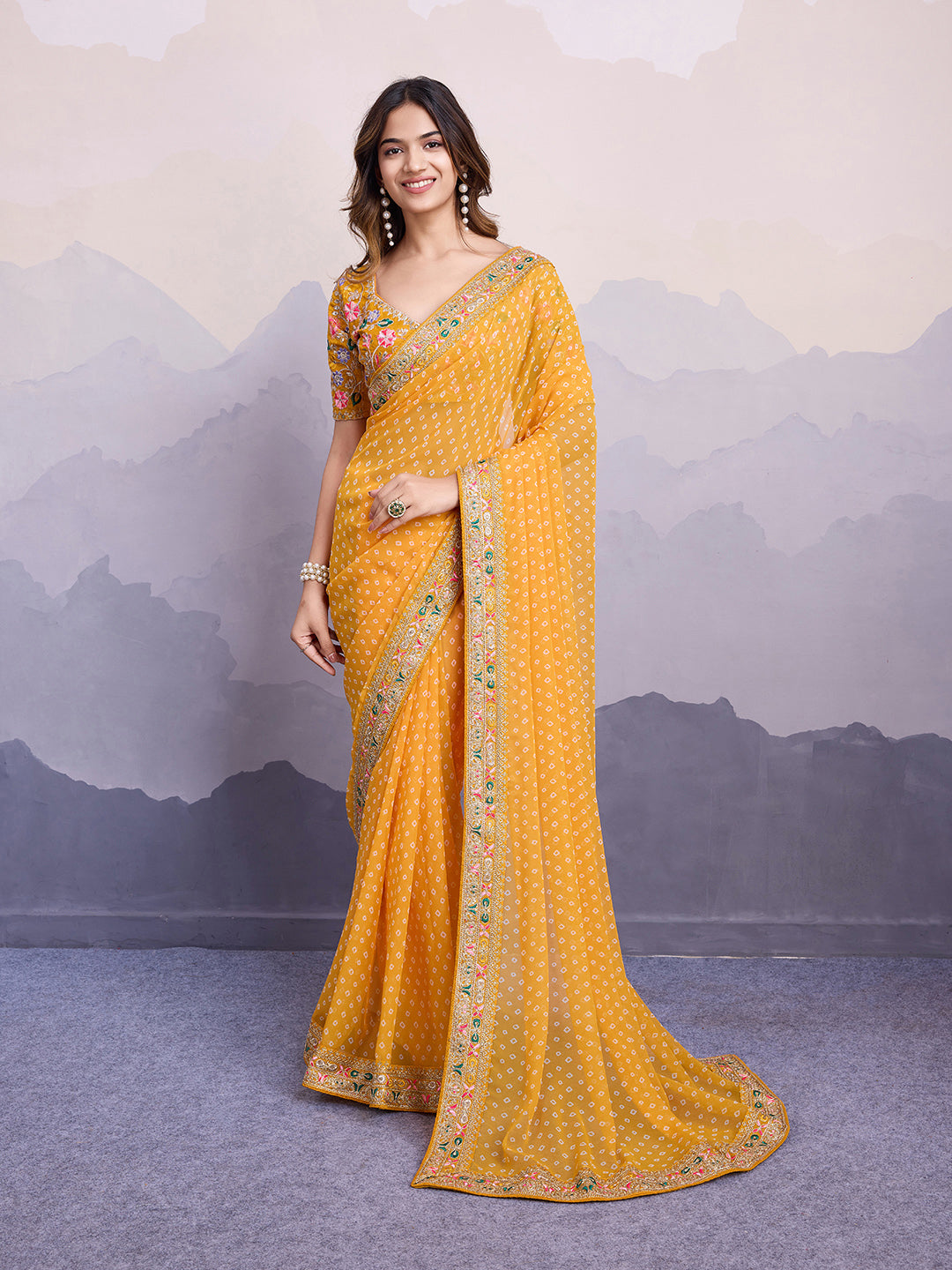 Yellow Georgette Bandhani Print Saree | Art Silk Blouse with Embroidered Lace Border