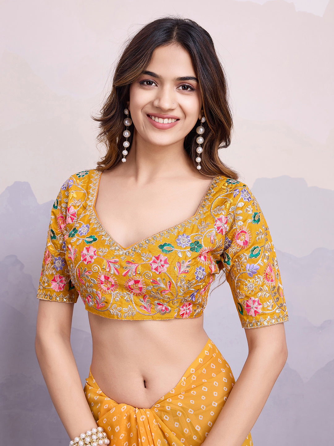 Yellow Georgette Bandhani Print Saree | Art Silk Blouse with Embroidered Lace Border