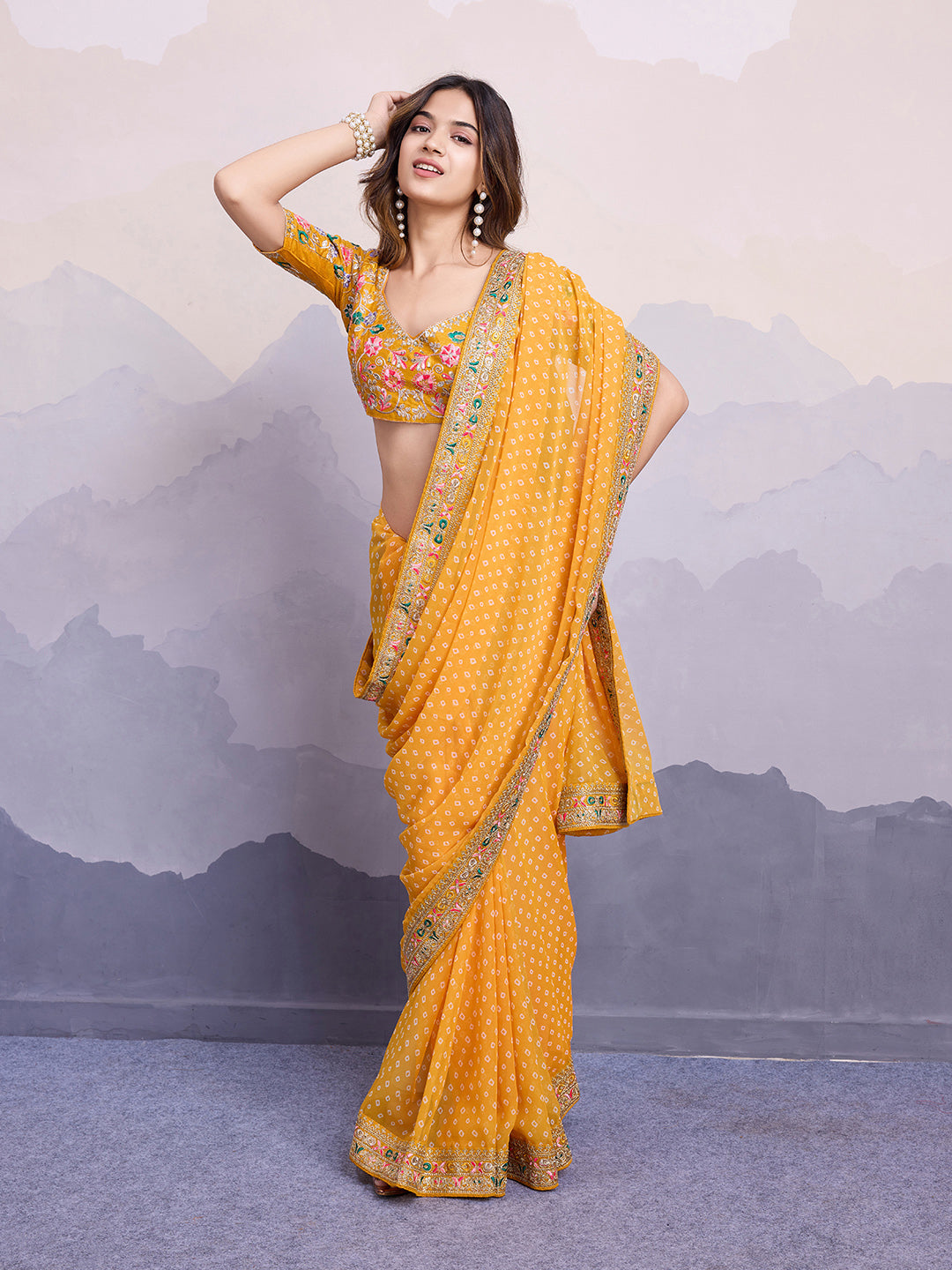 Yellow Georgette Bandhani Print Saree | Art Silk Blouse with Embroidered Lace Border