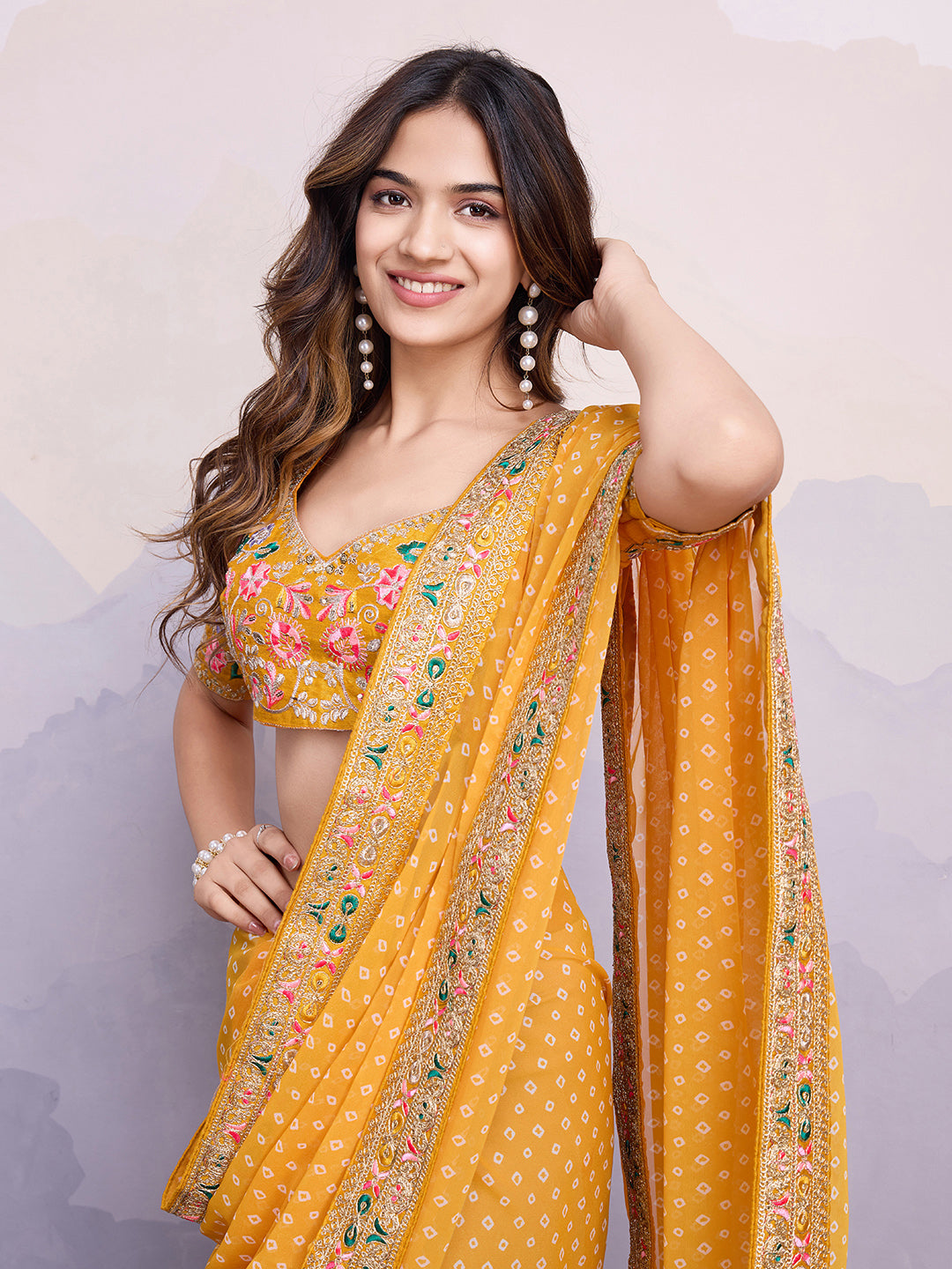 Yellow Georgette Bandhani Print Saree | Art Silk Blouse with Embroidered Lace Border