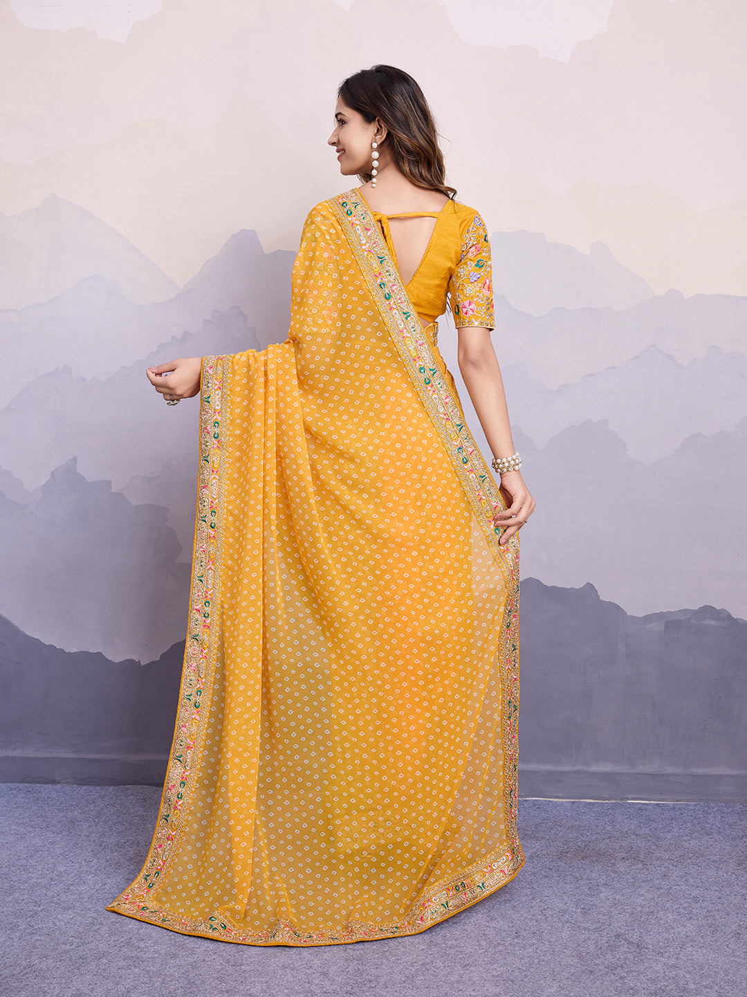 Yellow Georgette Bandhani Print Saree | Art Silk Blouse with Embroidered Lace Border