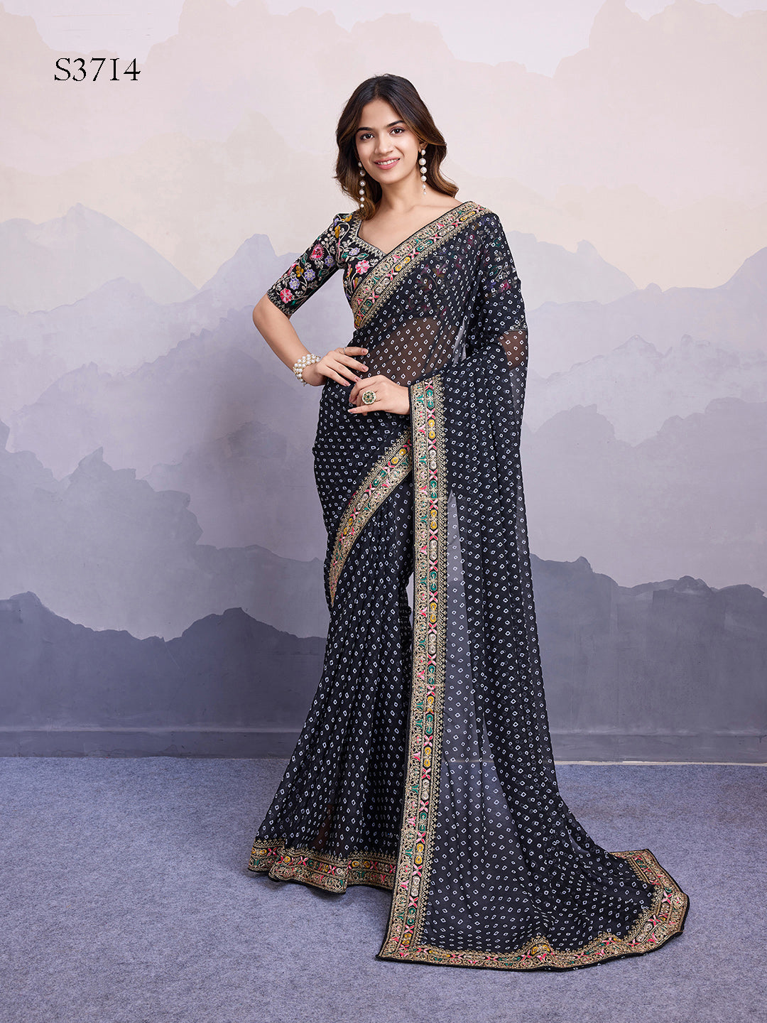 Black Georgette Bandhani Print Saree | Art Silk Blouse with Embroidered Lace Border