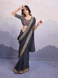 Black Georgette Bandhani Print Saree | Art Silk Blouse with Embroidered Lace Border