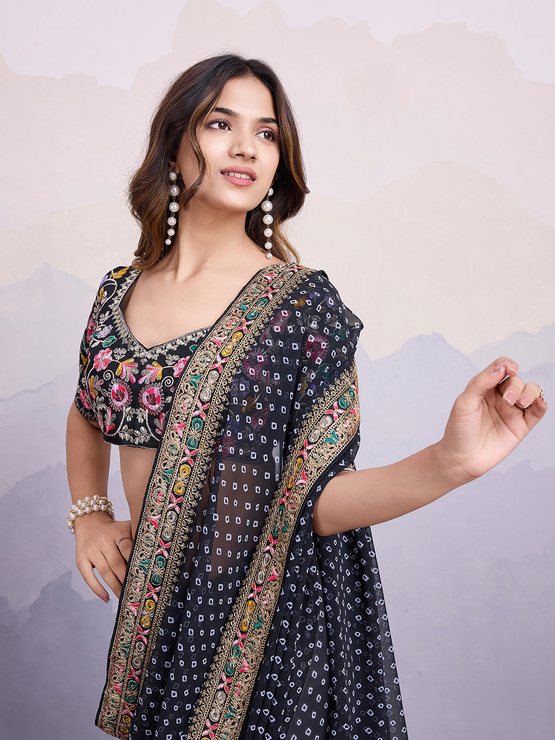 Black Georgette Bandhani Print Saree | Art Silk Blouse with Embroidered Lace Border