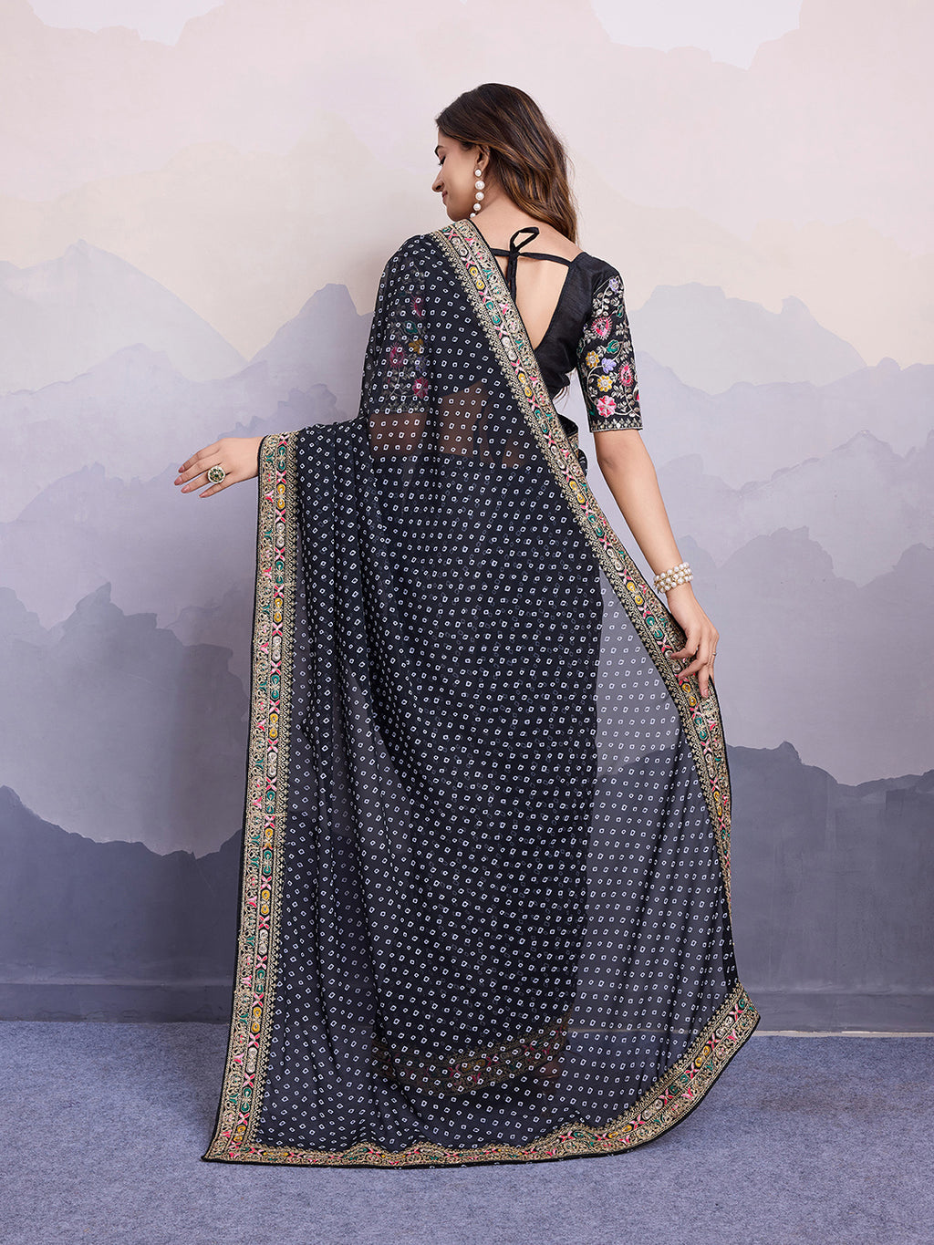 Black Georgette Bandhani Print Saree | Art Silk Blouse with Embroidered Lace Border