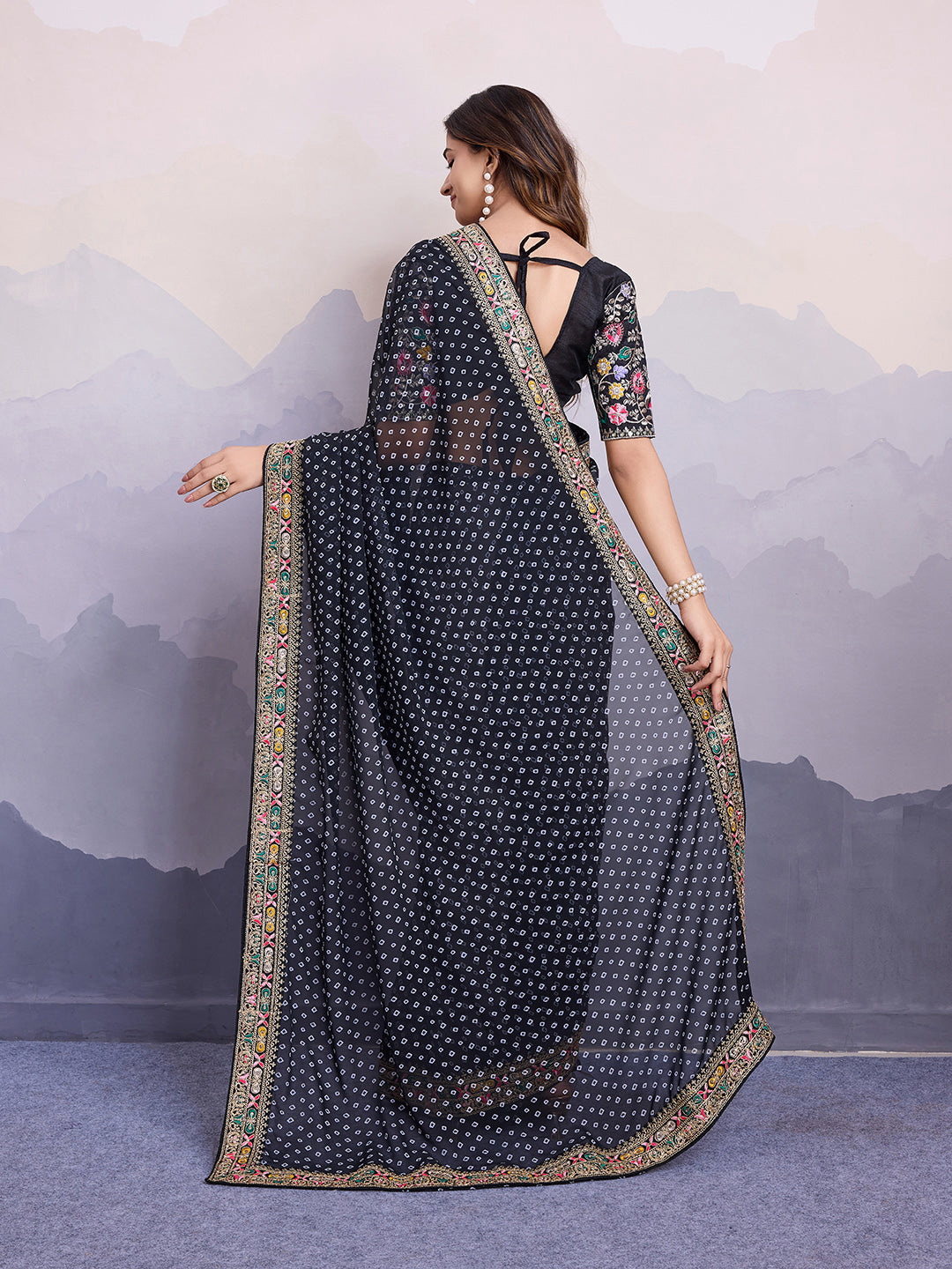 Black Georgette Bandhani Print Saree | Art Silk Blouse with Embroidered Lace Border