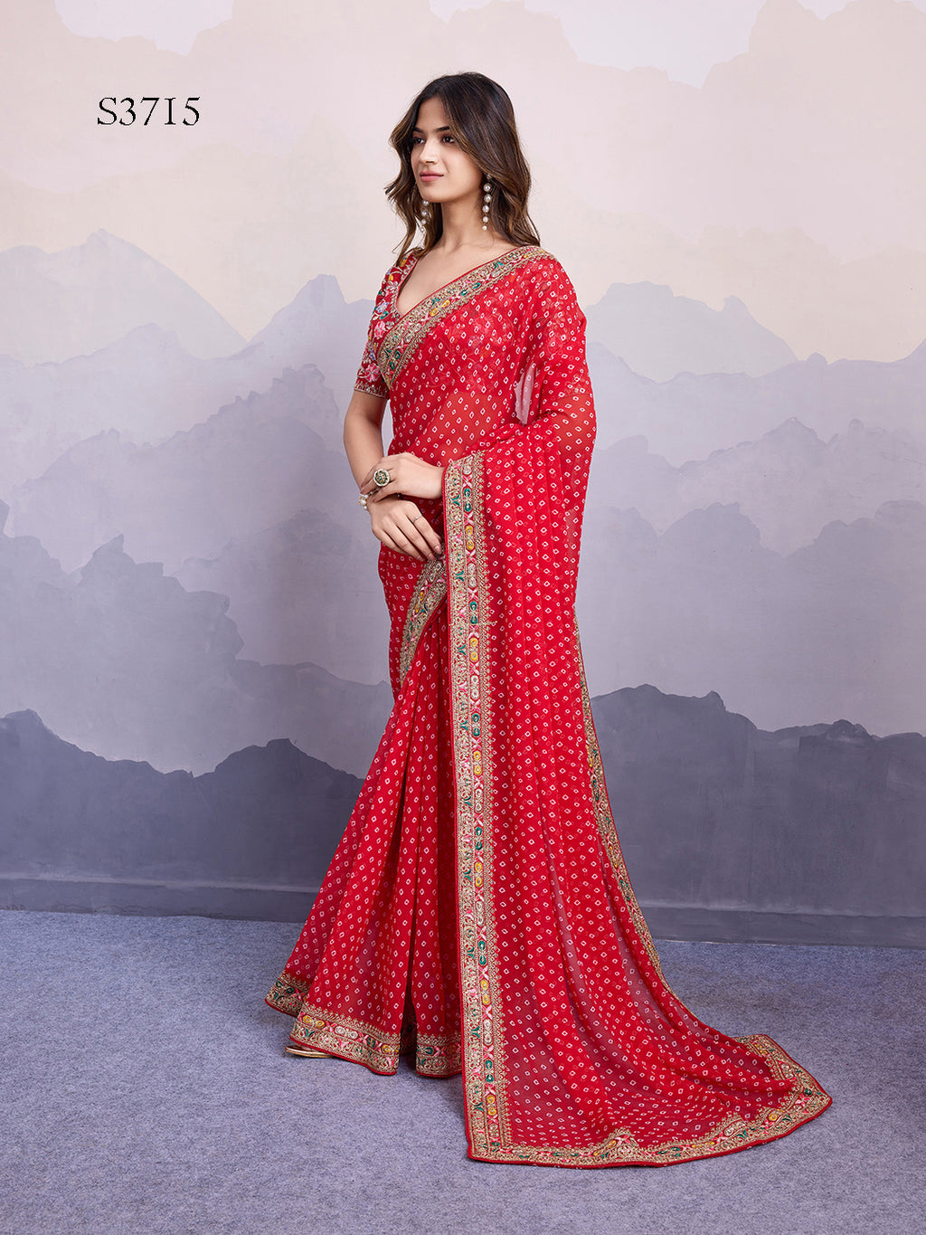 Red Georgette Bandhani Print Saree | Art Silk Blouse with Embroidered Lace Border