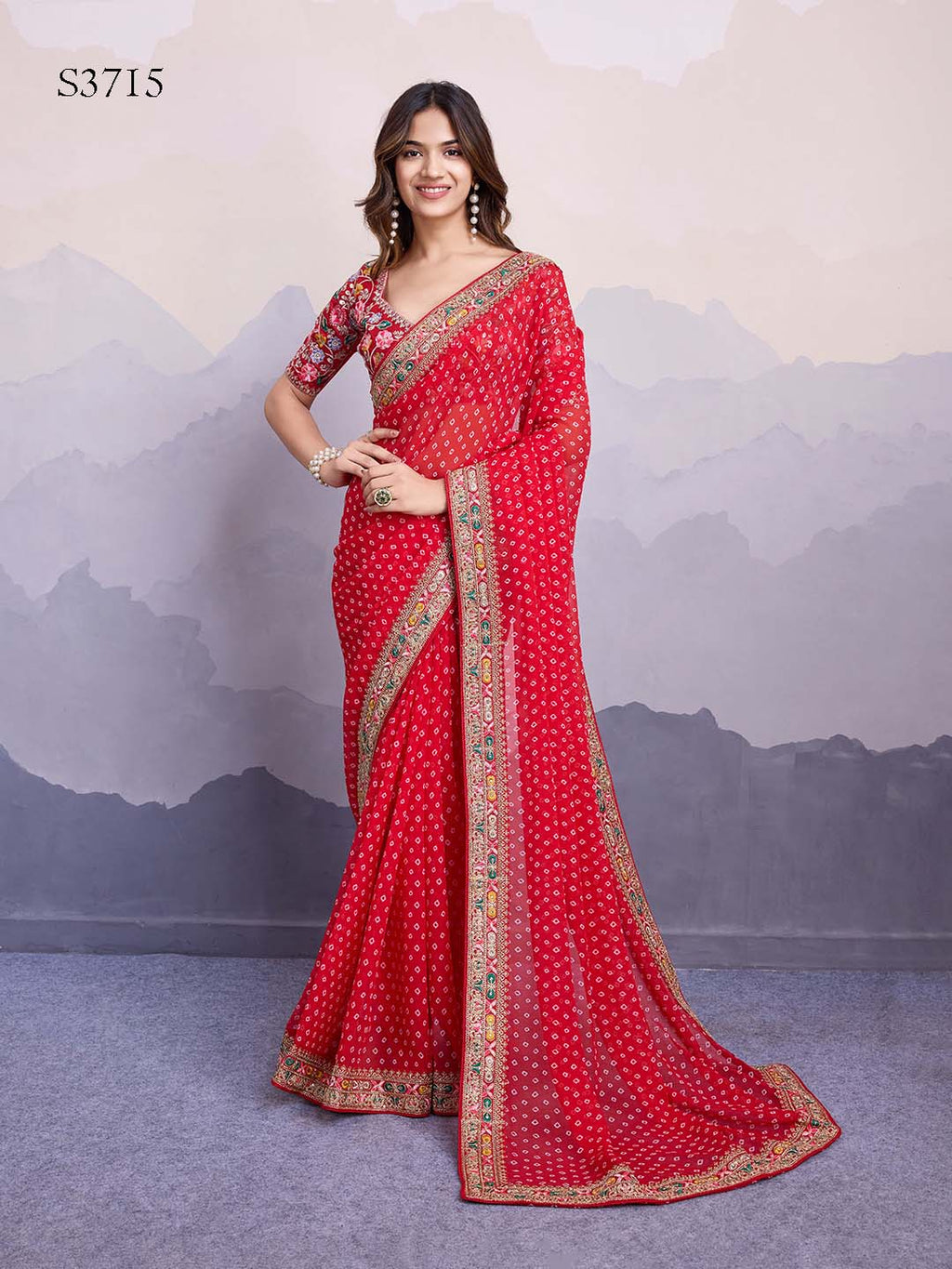 Red Georgette Bandhani Print Saree | Art Silk Blouse with Embroidered Lace Border