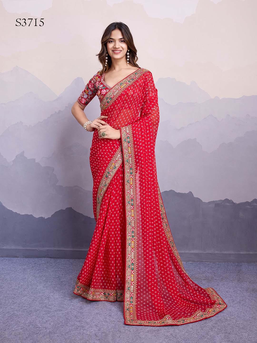 Red Georgette Bandhani Print Saree | Art Silk Blouse with Embroidered Lace Border