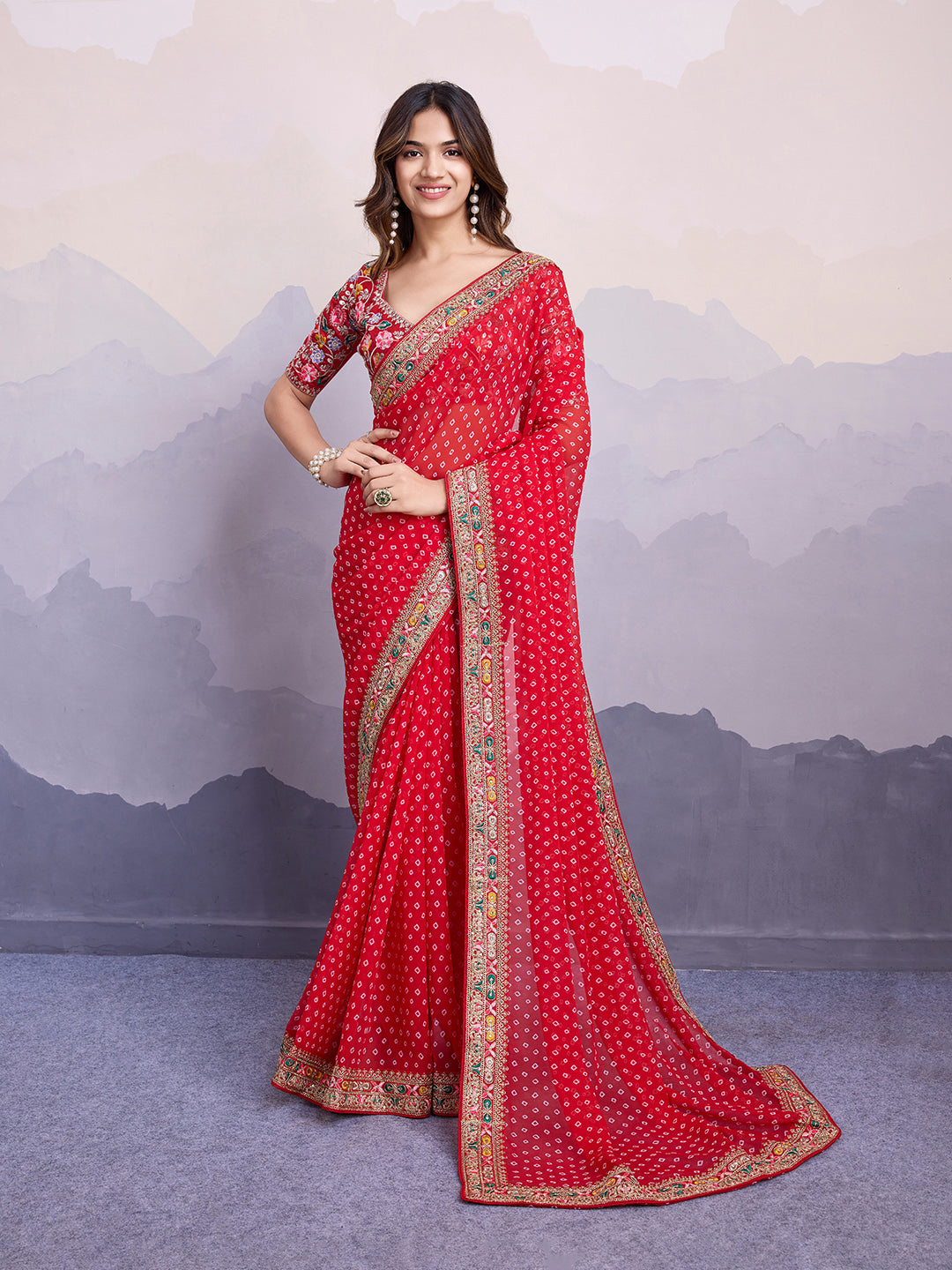 Red Georgette Bandhani Print Saree | Art Silk Blouse with Embroidered Lace Border