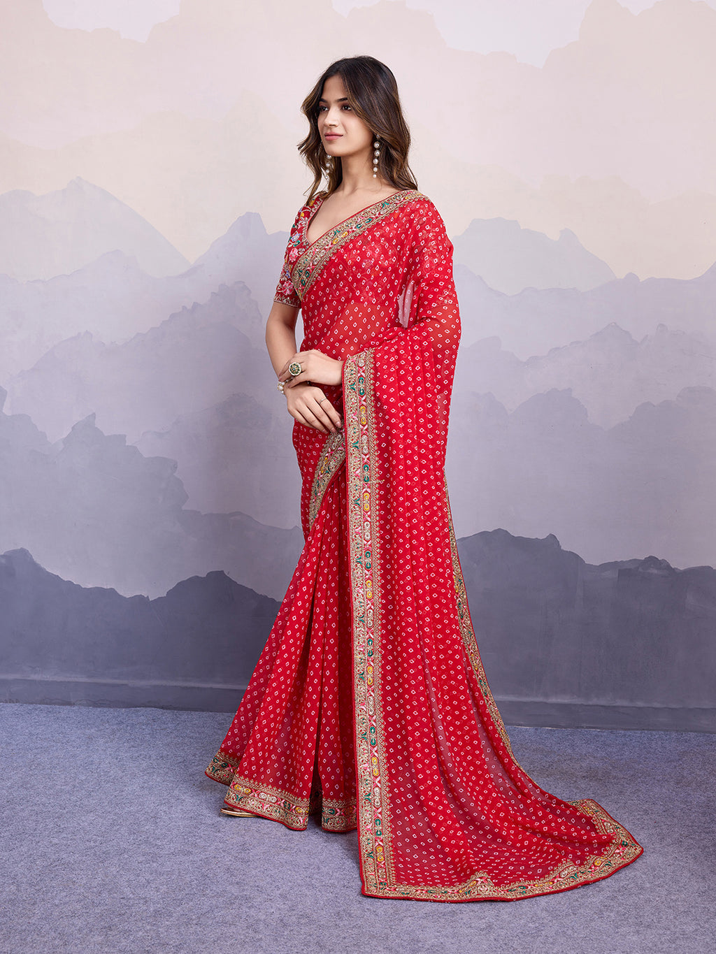 Red Georgette Bandhani Print Saree | Art Silk Blouse with Embroidered Lace Border
