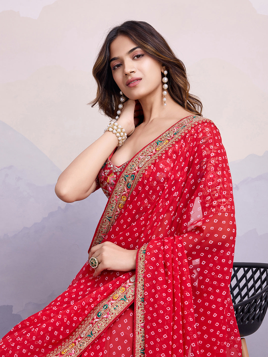 Red Georgette Bandhani Print Saree | Art Silk Blouse with Embroidered Lace Border
