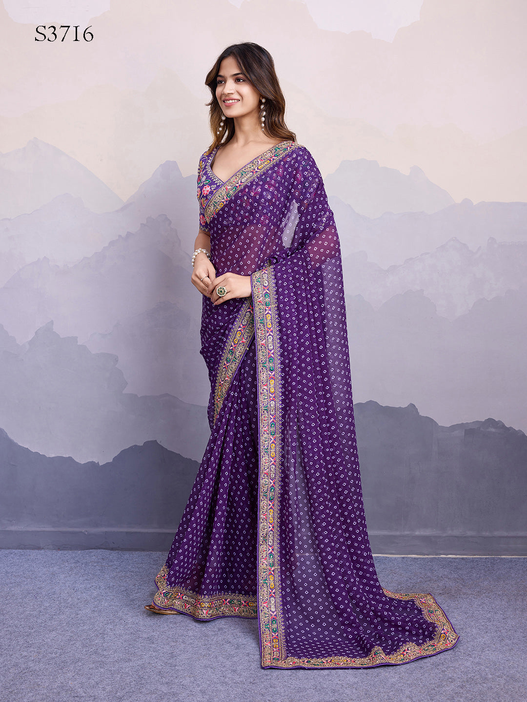 Purple Georgette Bandhani Print Saree | Art Silk Blouse with Embroidered Lace Border