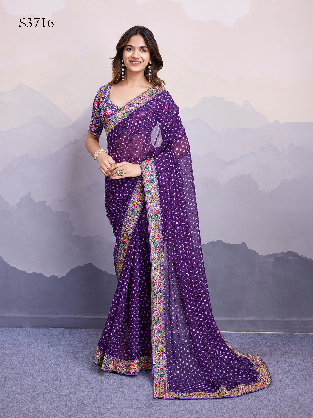Purple Georgette Bandhani Print Saree | Art Silk Blouse with Embroidered Lace Border