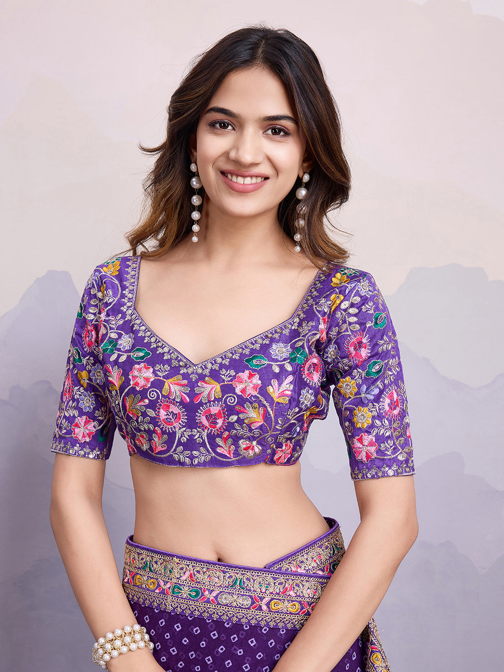 Purple Georgette Bandhani Print Saree | Art Silk Blouse with Embroidered Lace Border