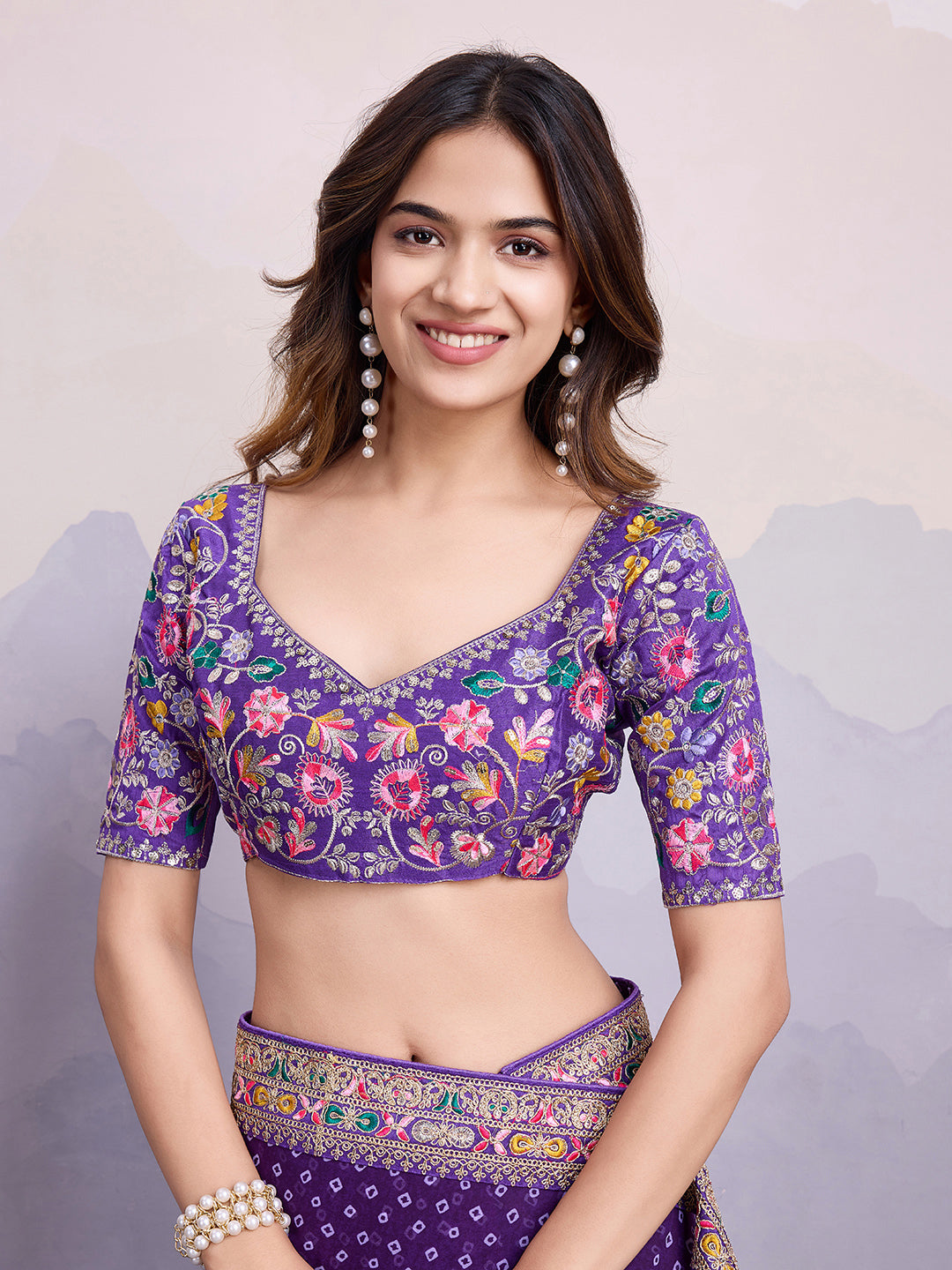 Purple Georgette Bandhani Print Saree | Art Silk Blouse with Embroidered Lace Border
