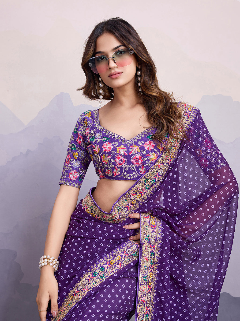 Purple Georgette Bandhani Print Saree | Art Silk Blouse with Embroidered Lace Border