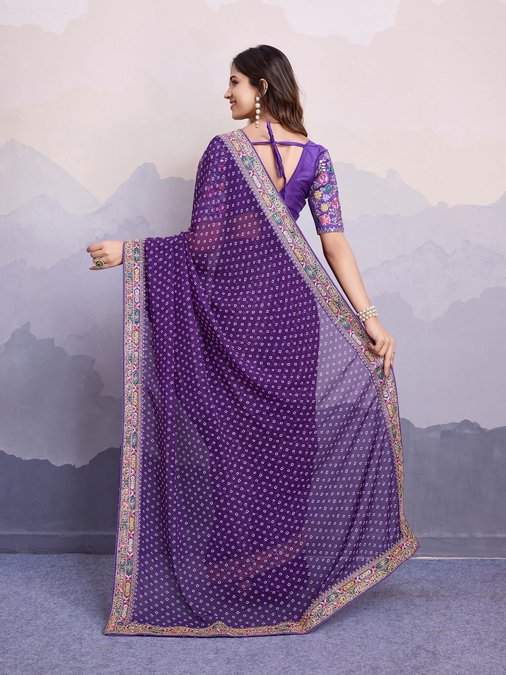 Purple Georgette Bandhani Print Saree | Art Silk Blouse with Embroidered Lace Border