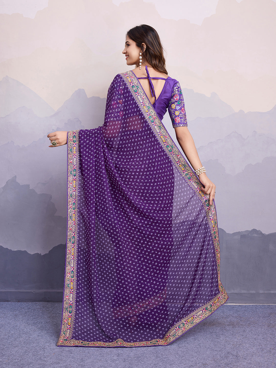 Purple Georgette Bandhani Print Saree | Art Silk Blouse with Embroidered Lace Border