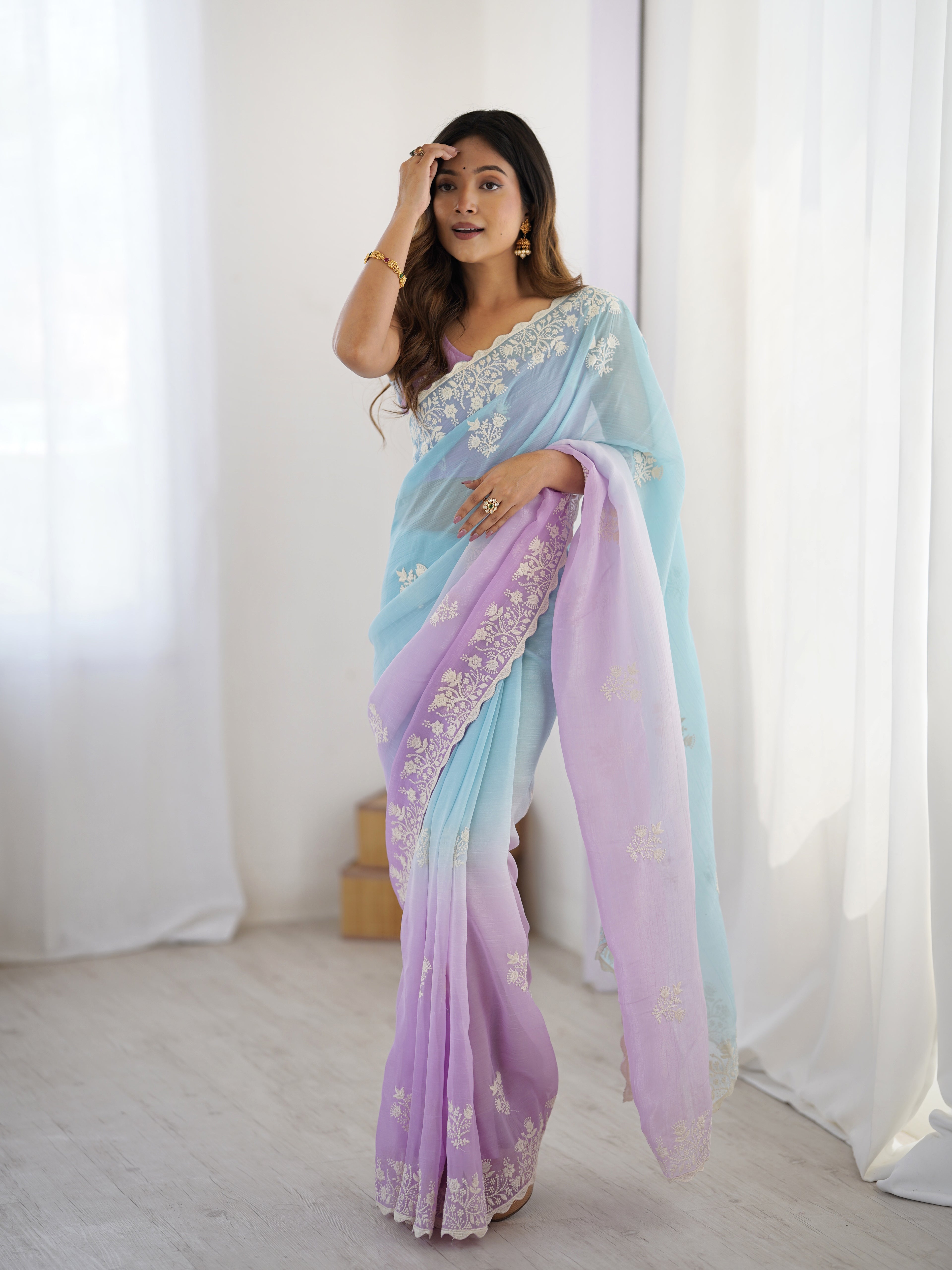 Lavender Dreams Crunchy Silk Party Wear Saree | Dual-Shaded Elegance with Embroidered Couture