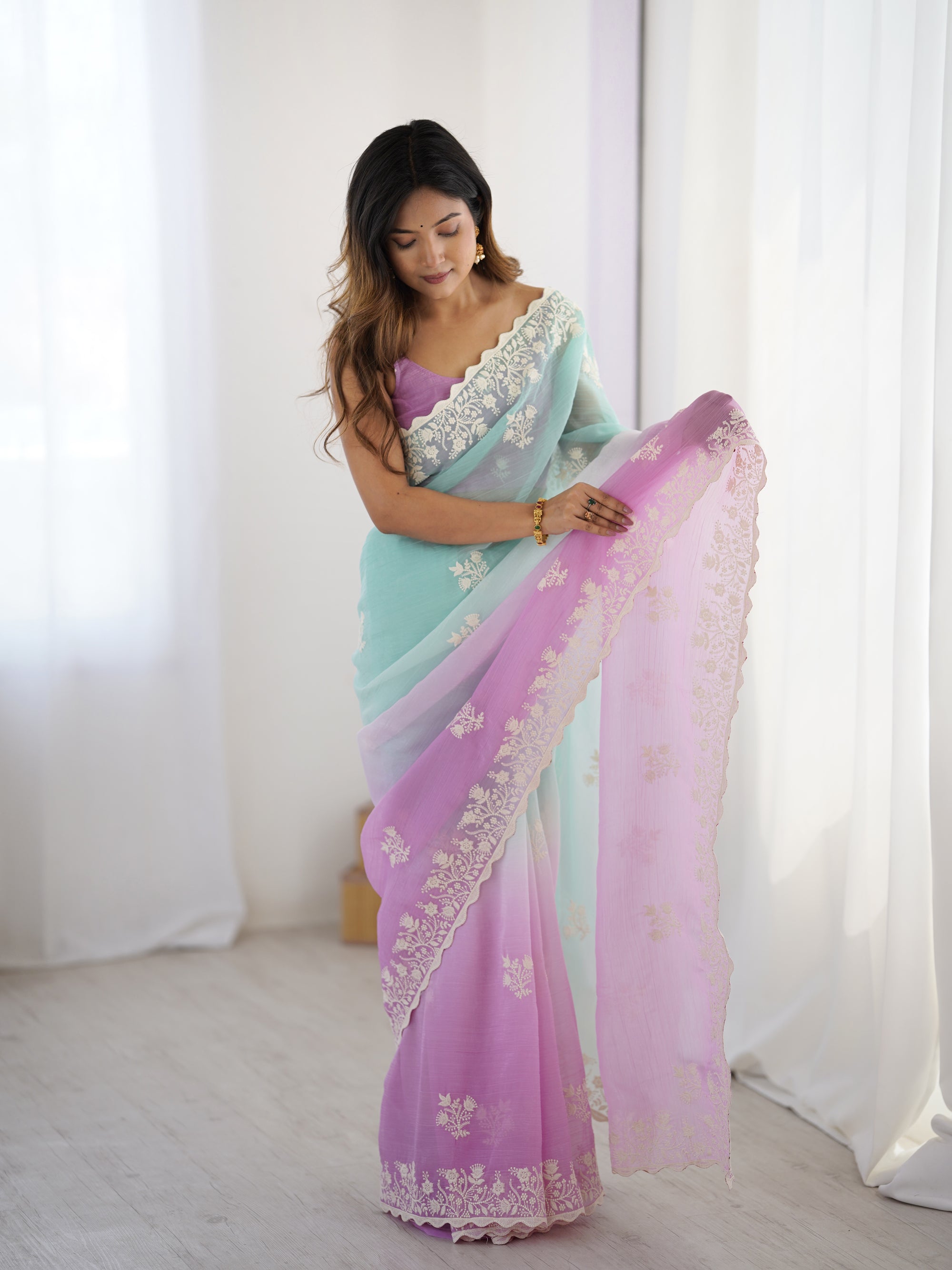 Royal Purple Crunchy Silk Party Wear Saree | Dual-Shaded Majesty with Embroidered Couture