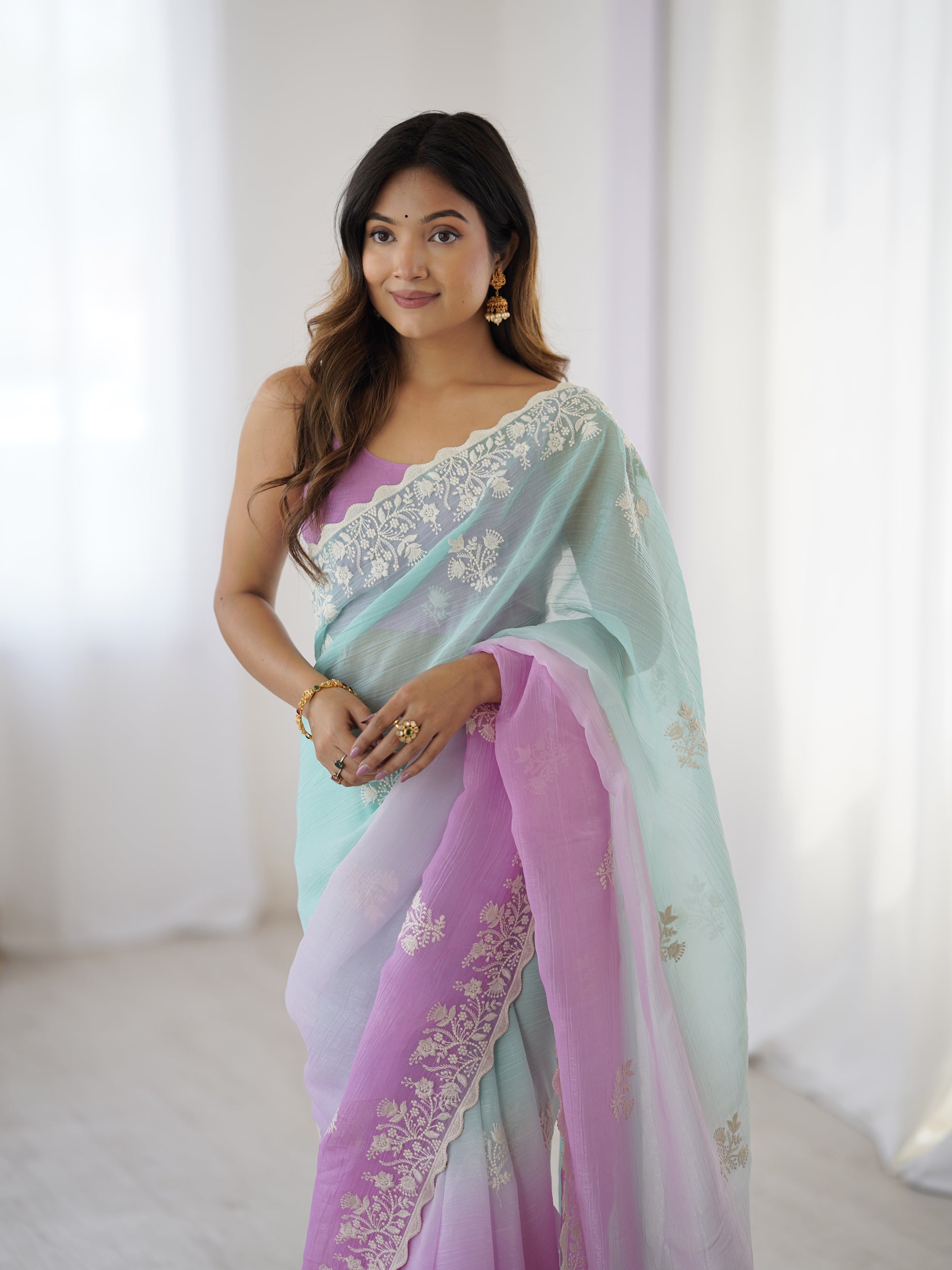 Royal Purple Crunchy Silk Party Wear Saree | Dual-Shaded Majesty with Embroidered Couture