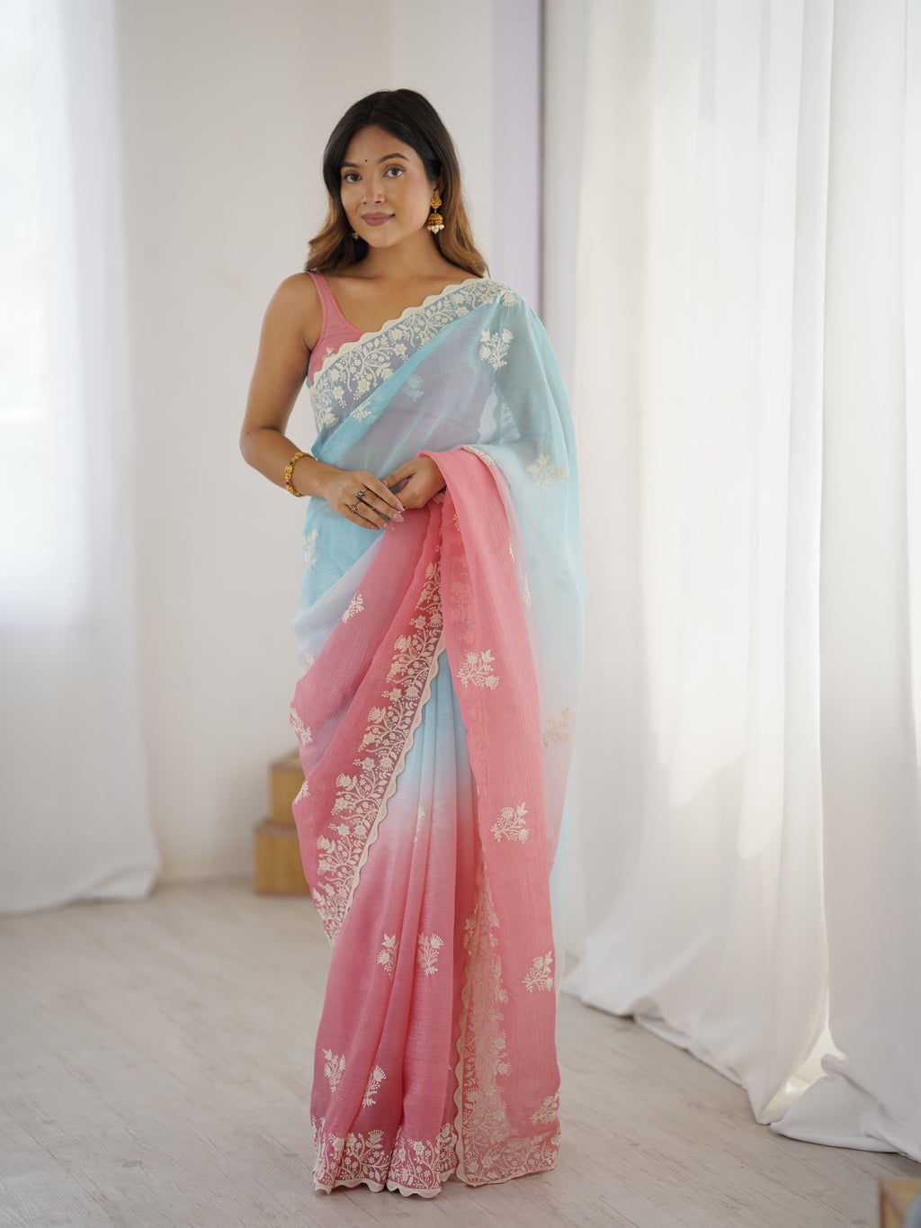Autumn Rust Crunchy Silk Party Wear Saree | Dual-Shaded Warmth with Embroidered Coutur
