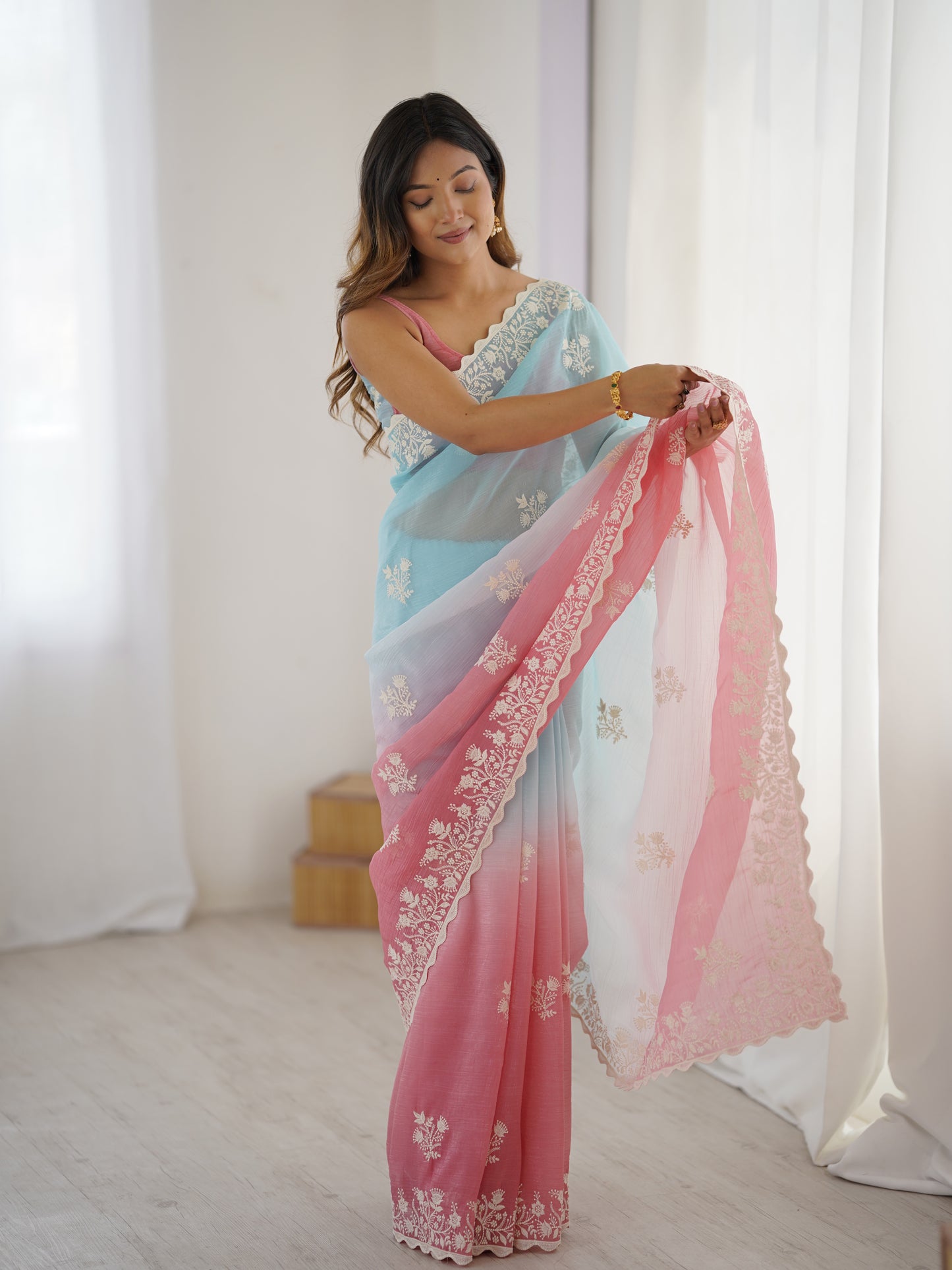 Autumn Rust Crunchy Silk Party Wear Saree | Dual-Shaded Warmth with Embroidered Coutur