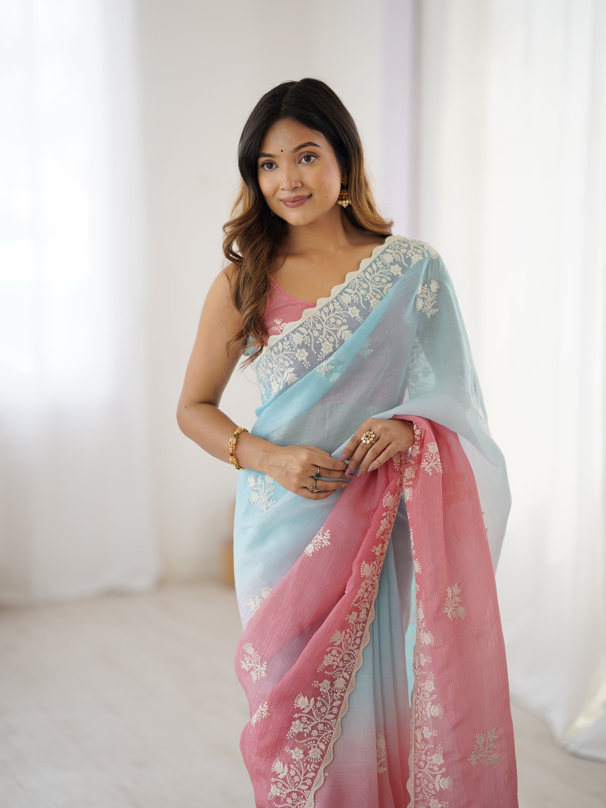 Autumn Rust Crunchy Silk Party Wear Saree | Dual-Shaded Warmth with Embroidered Coutur