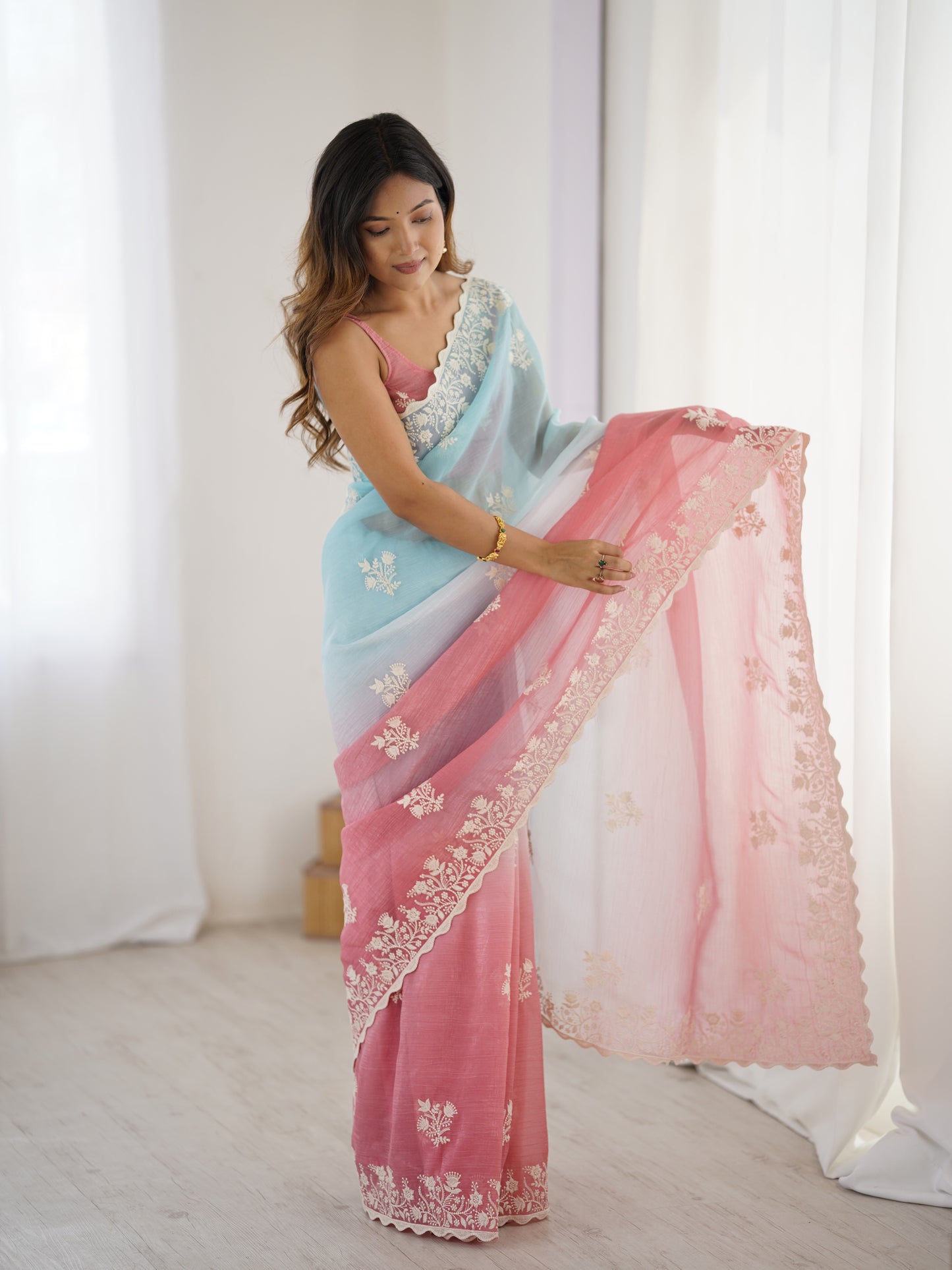 Autumn Rust Crunchy Silk Party Wear Saree | Dual-Shaded Warmth with Embroidered Coutur