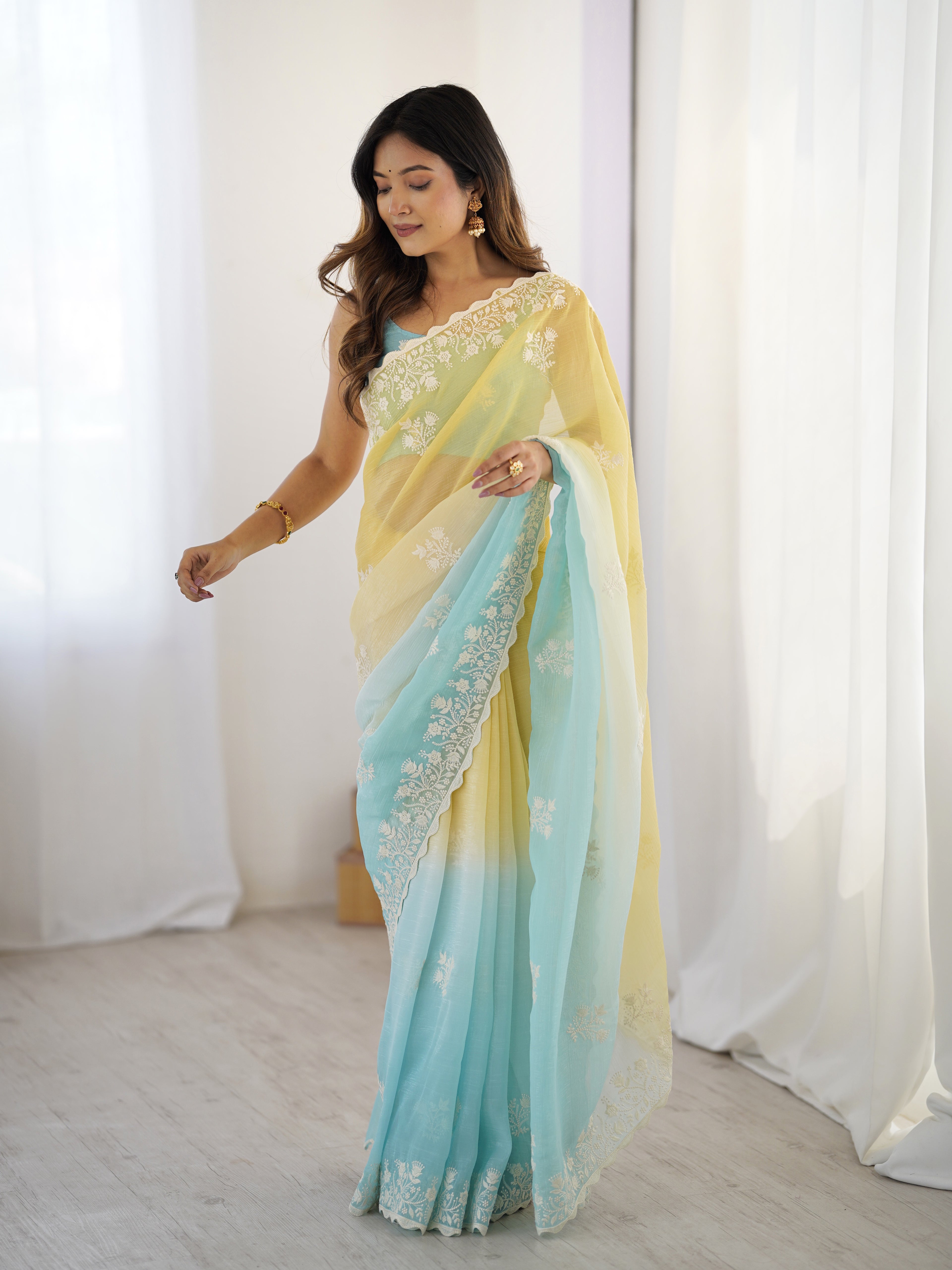 Sunshine & Sea Crunchy Silk Party Wear Saree | Dual-Shaded Vibrance with Embroidered Couture