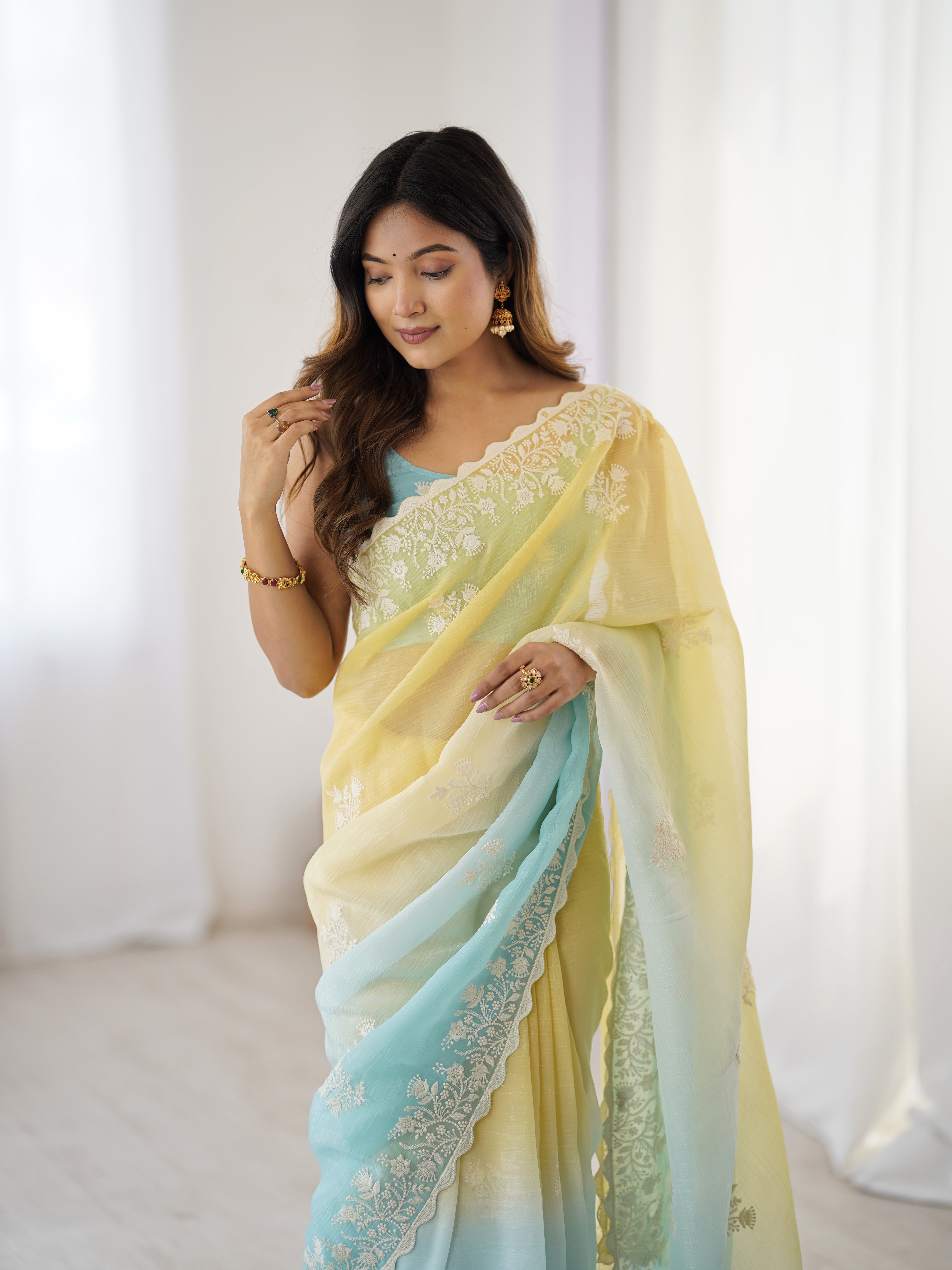 Sunshine & Sea Crunchy Silk Party Wear Saree | Dual-Shaded Vibrance with Embroidered Couture