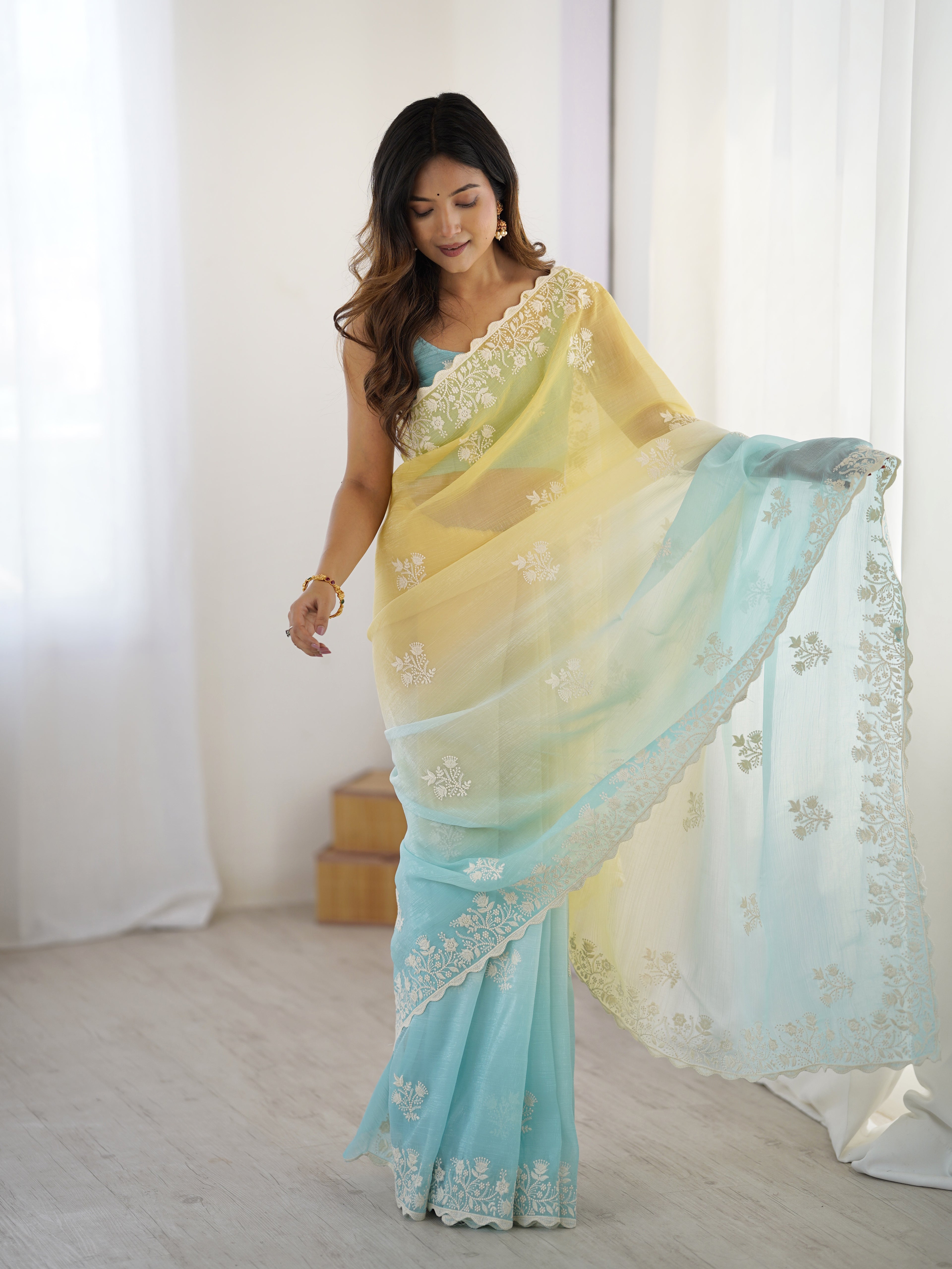 Sunshine & Sea Crunchy Silk Party Wear Saree | Dual-Shaded Vibrance with Embroidered Couture