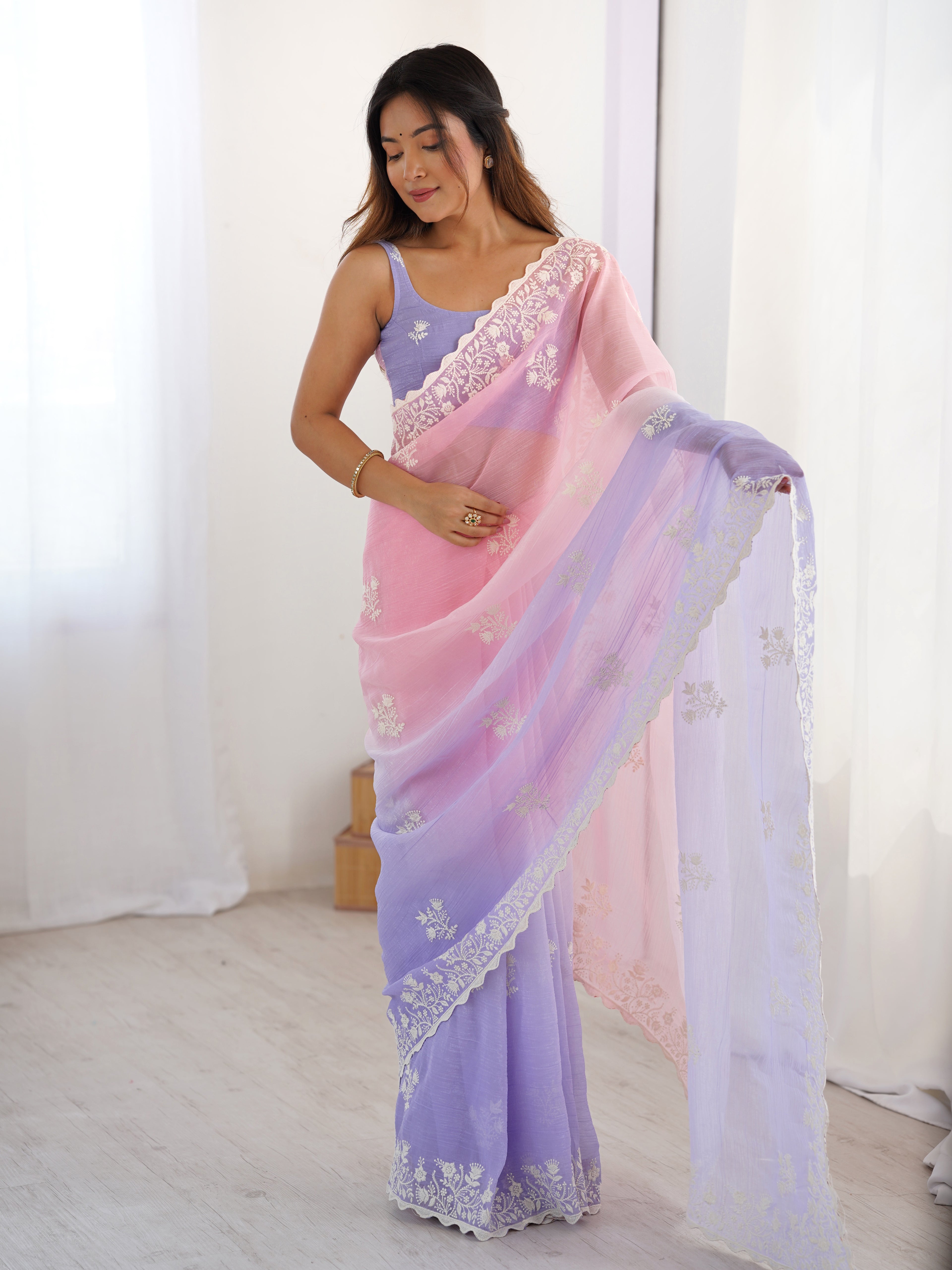 Twilight Blossom Crunchy Silk Party Wear Saree | Dual-Shaded Romance with Embroidered Couture