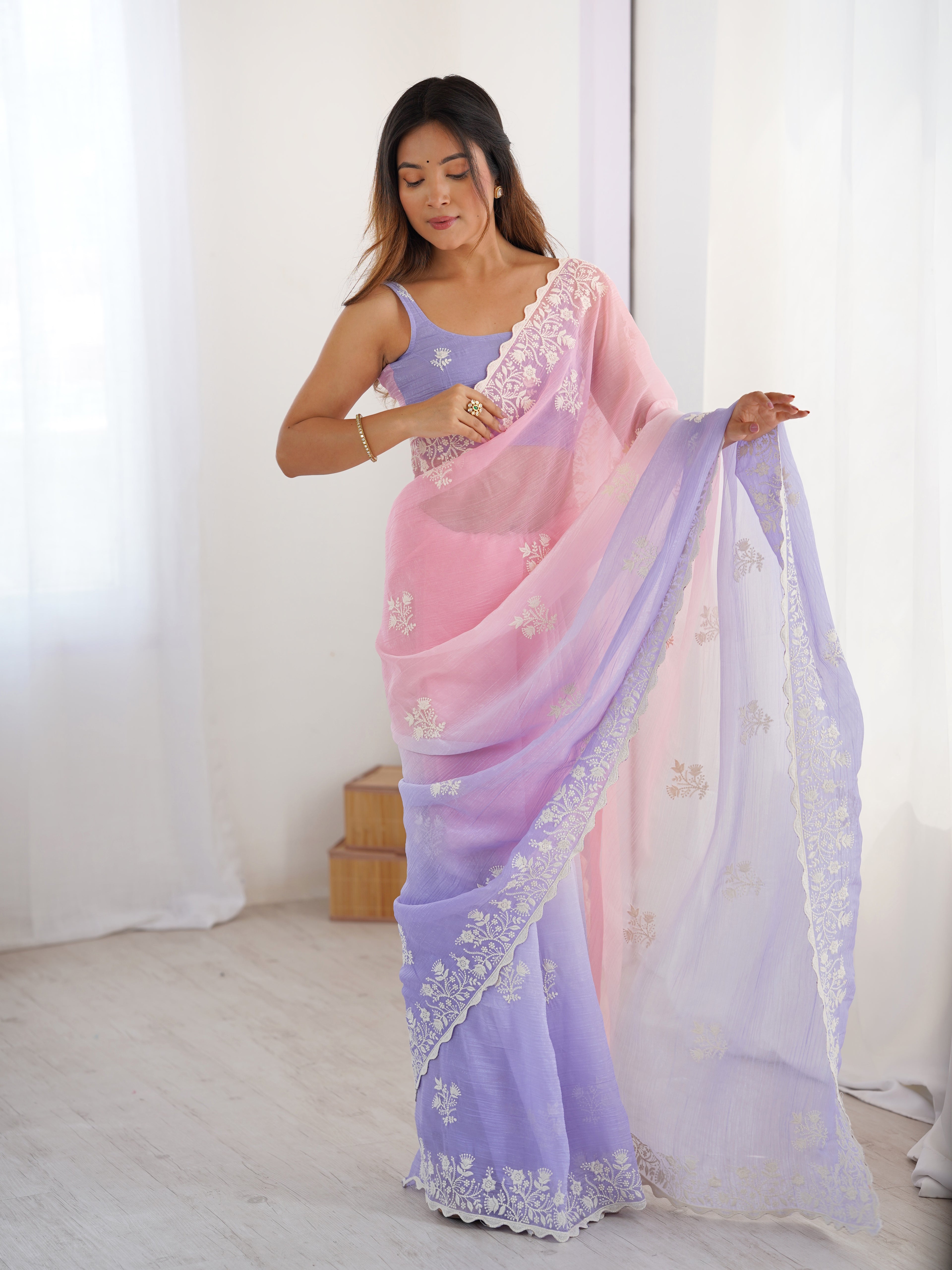 Twilight Blossom Crunchy Silk Party Wear Saree | Dual-Shaded Romance with Embroidered Couture