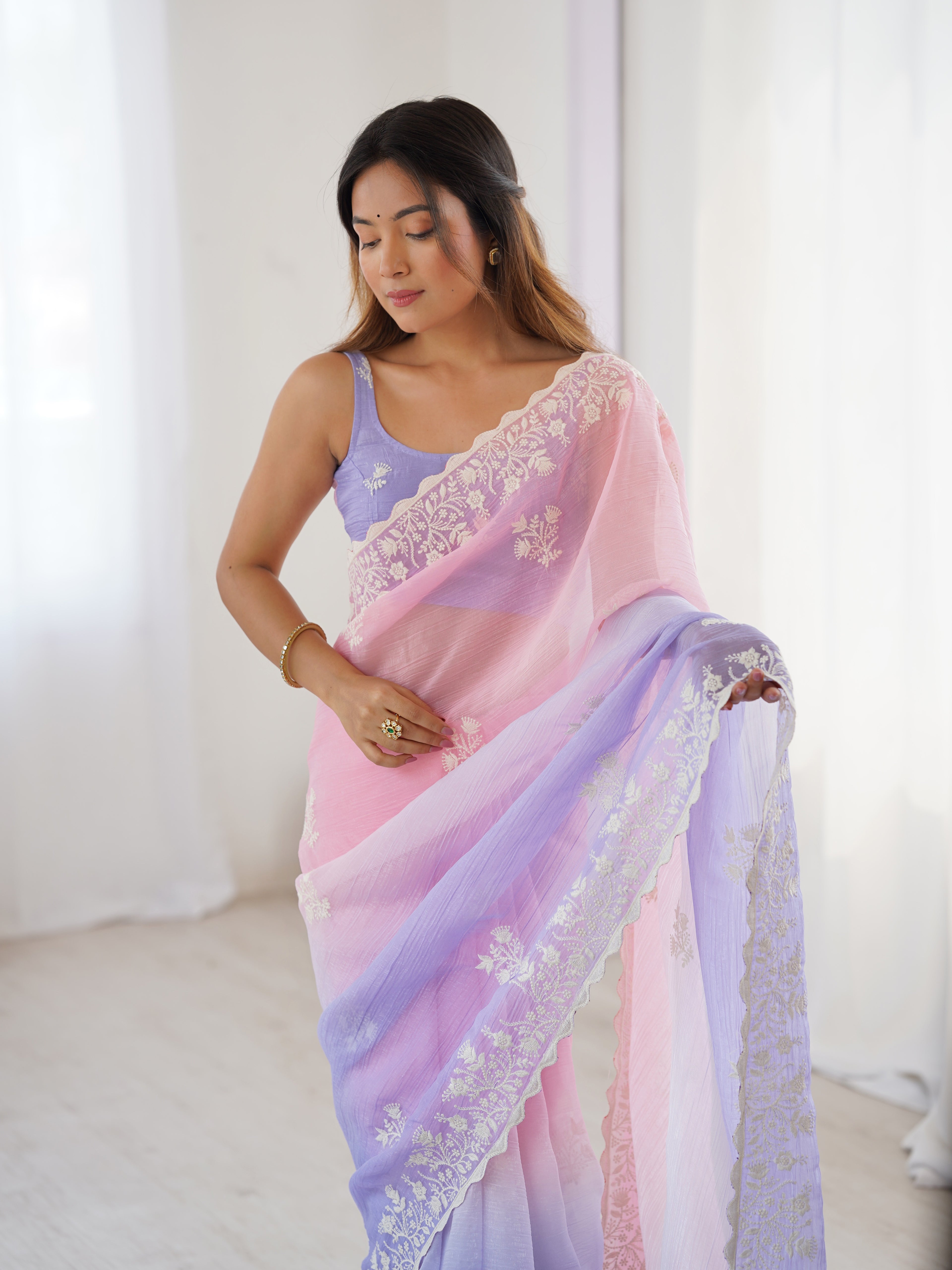 Twilight Blossom Crunchy Silk Party Wear Saree | Dual-Shaded Romance with Embroidered Couture