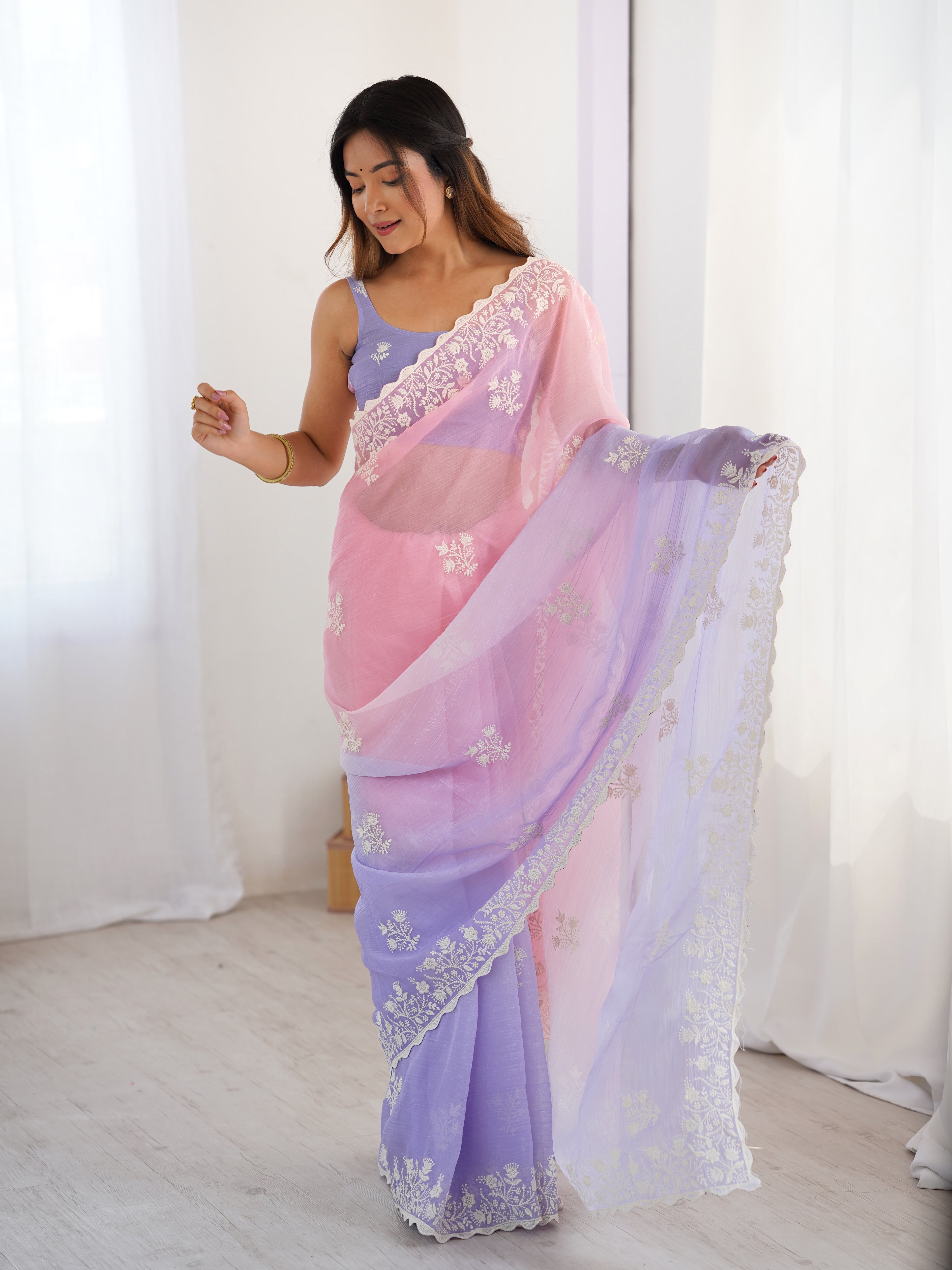 Twilight Blossom Crunchy Silk Party Wear Saree | Dual-Shaded Romance with Embroidered Couture
